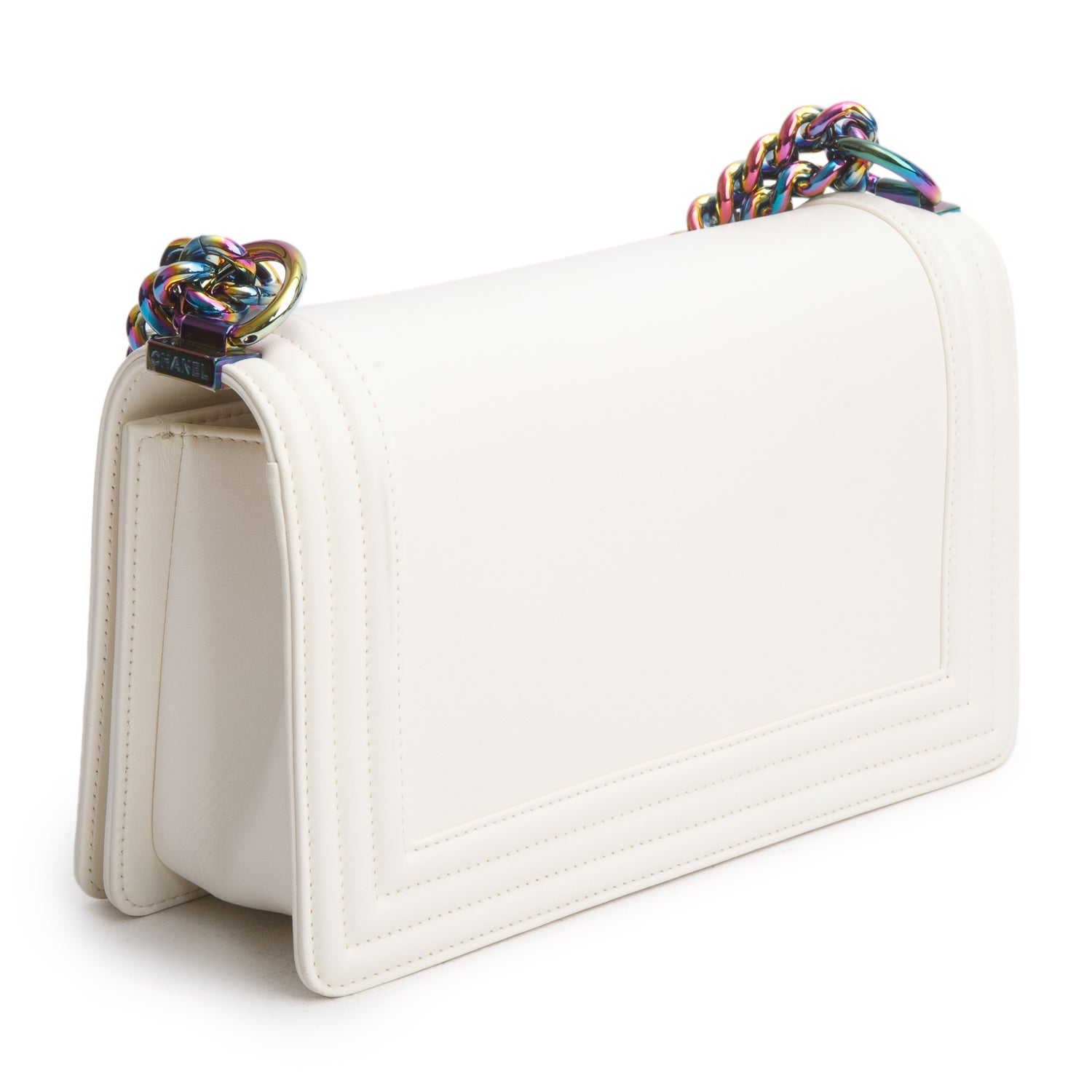 Chanel Iridescent Metal White Lambskin Leather LED Medium Boy Bag w/ Box & Authenticity Card