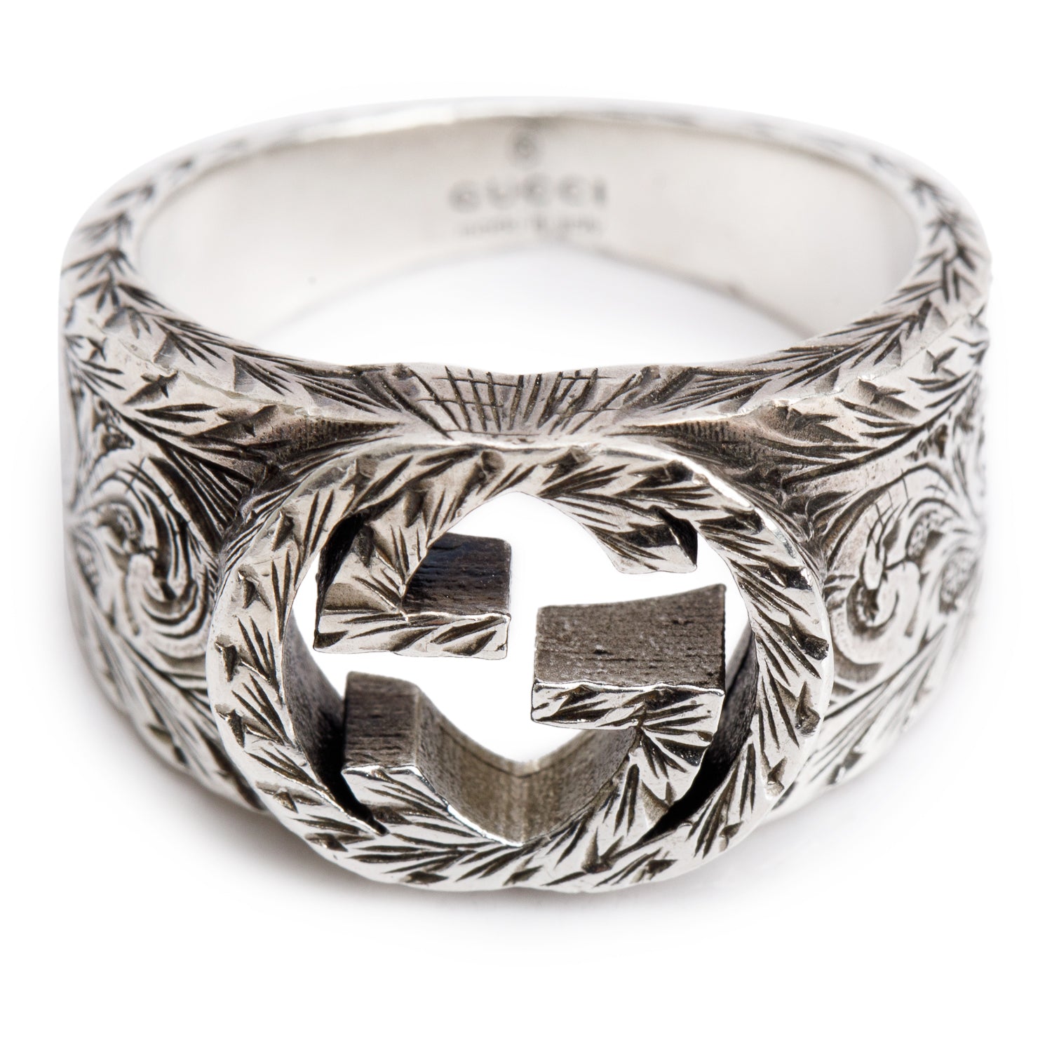 Gucci Sterling Silver Interlocking G Paisley Signet Ring, Size 22 9.75