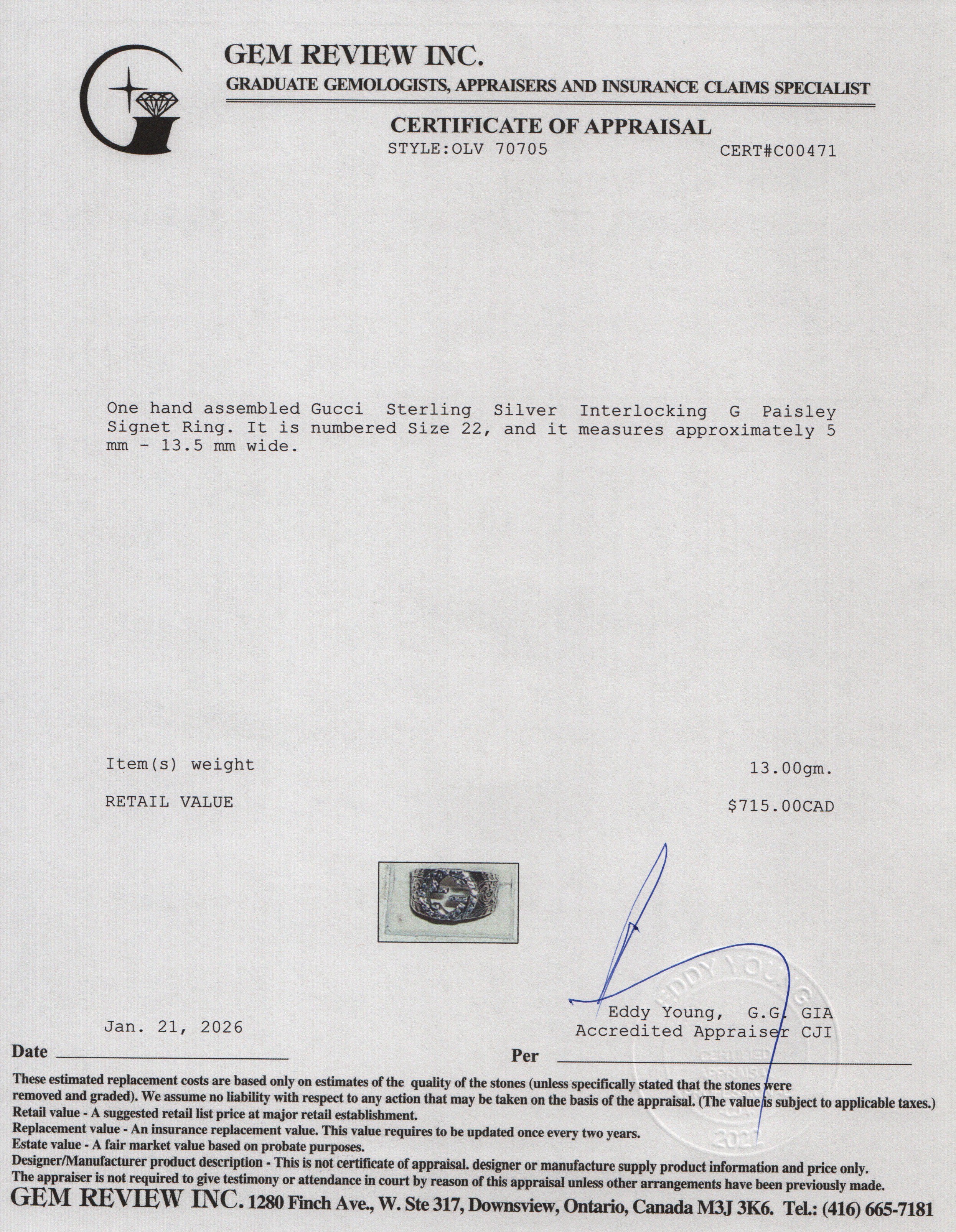 Gucci Sterling Silver Interlocking G Paisley Signet Ring, Size 22 9.75