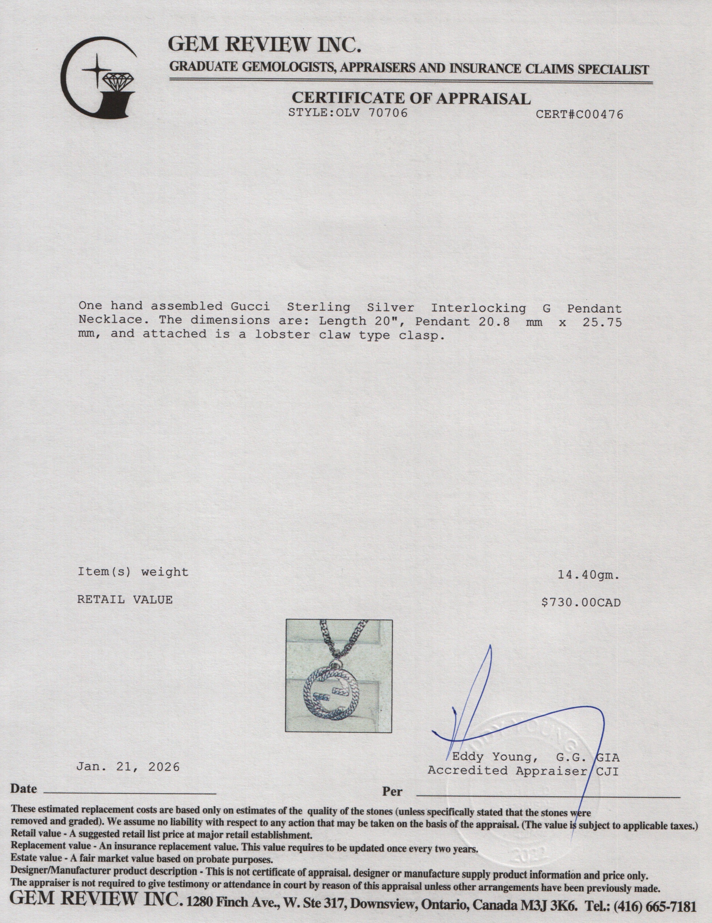 Gucci Sterling Silver Interlocking G Pendant Necklace