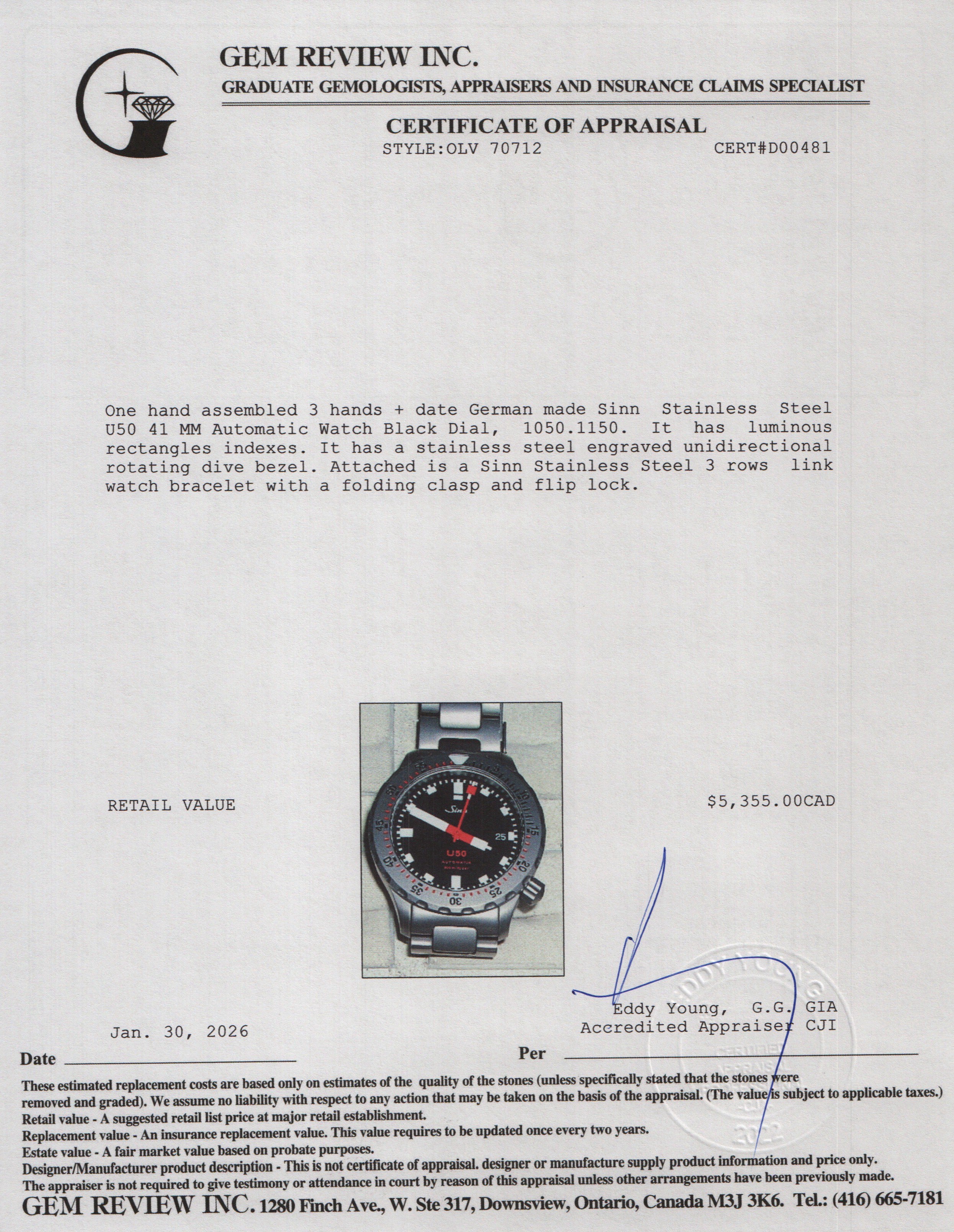 Sinn Stainless Steel U50 41 MM Automatic Watch Black Dial w/ Box & Papers