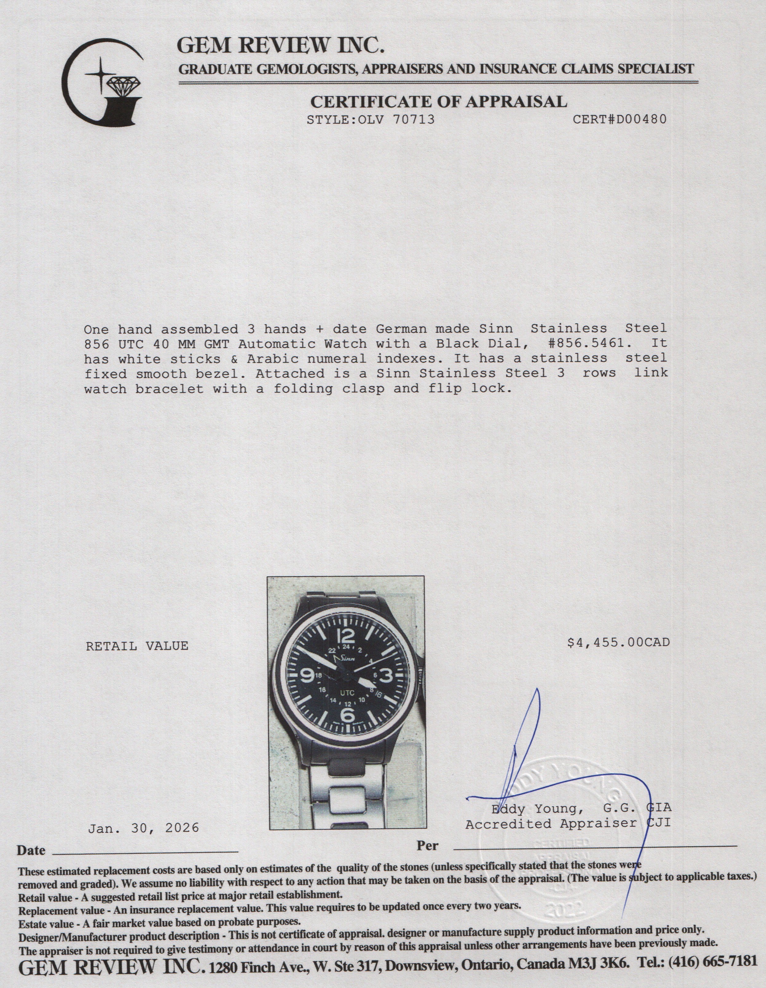 Sinn Stainless Steel 856 UTC 40 MM GMT Automatic Watch Black Dial w/ Box & Papers