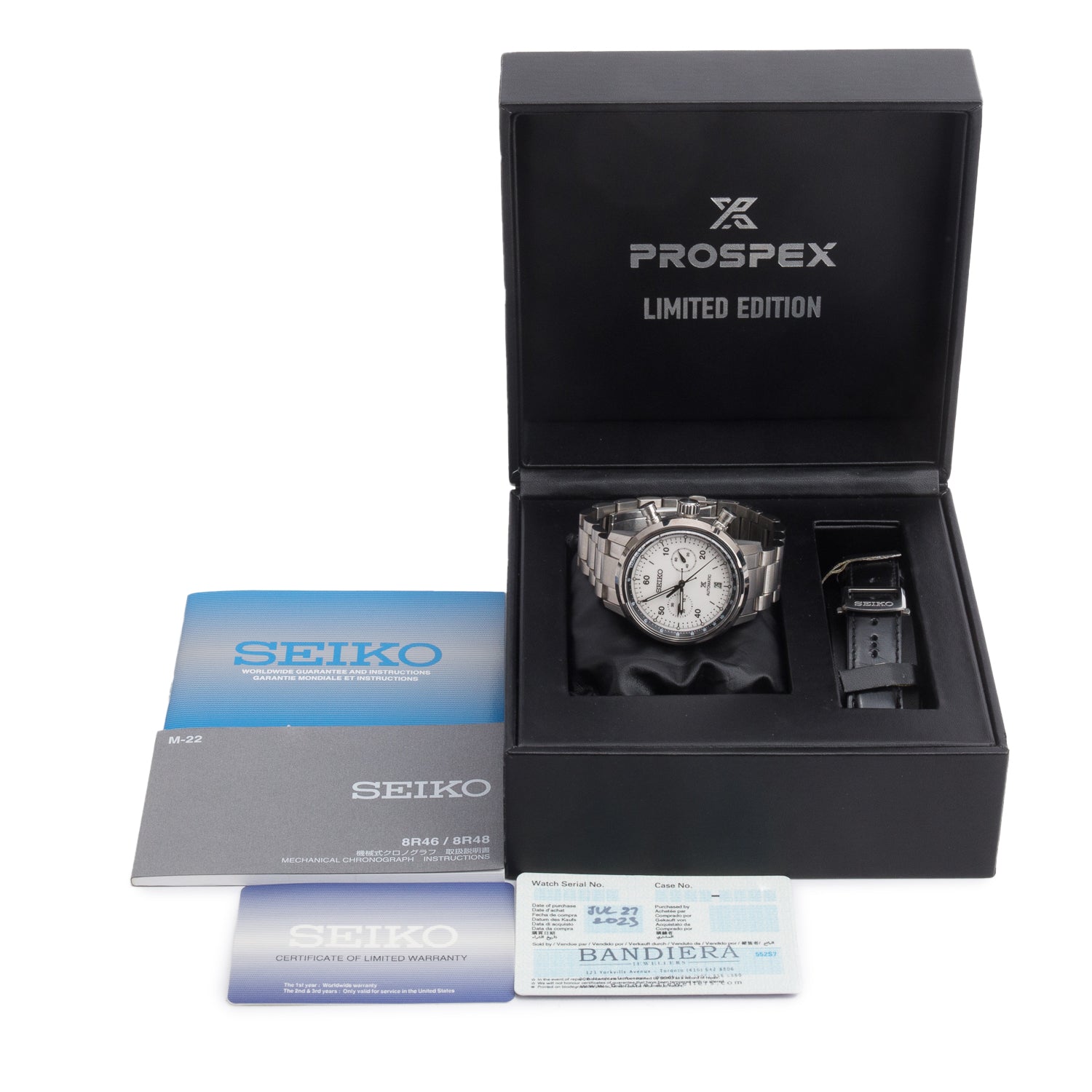 Seiko 2025 Limited Edition Stainless Steel Prospex 42.5 mm Automatic Chronograph Watch White Dial SRQ035J1 w/ Box, Papers & Extra Straps