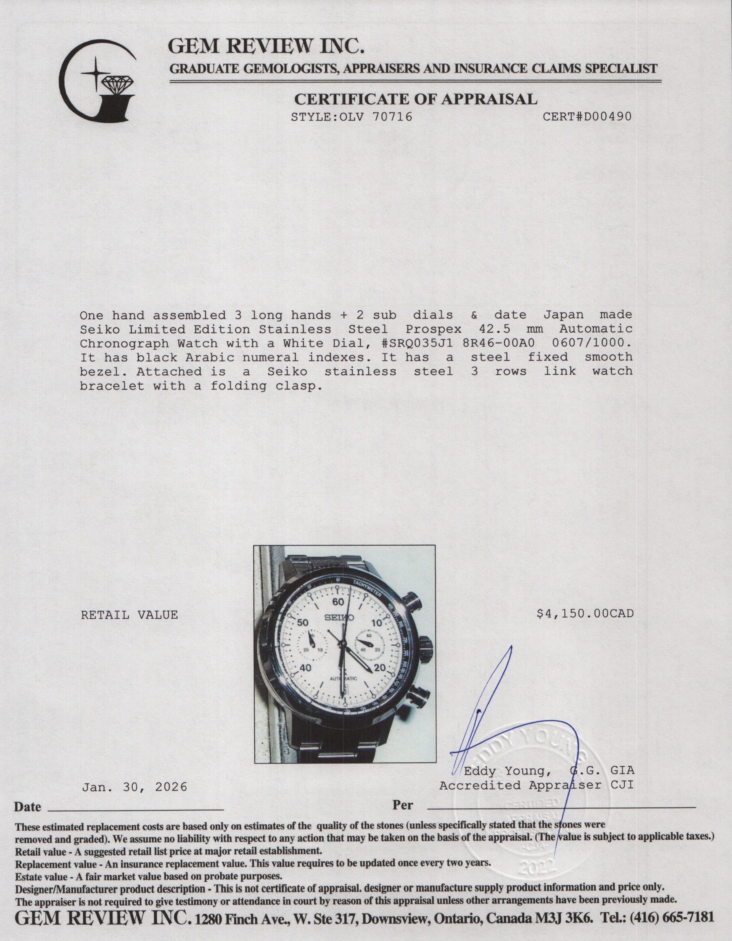 Seiko 2025 Limited Edition Stainless Steel Prospex 42.5 mm Automatic Chronograph Watch White Dial SRQ035J1 w/ Box, Papers & Extra Straps