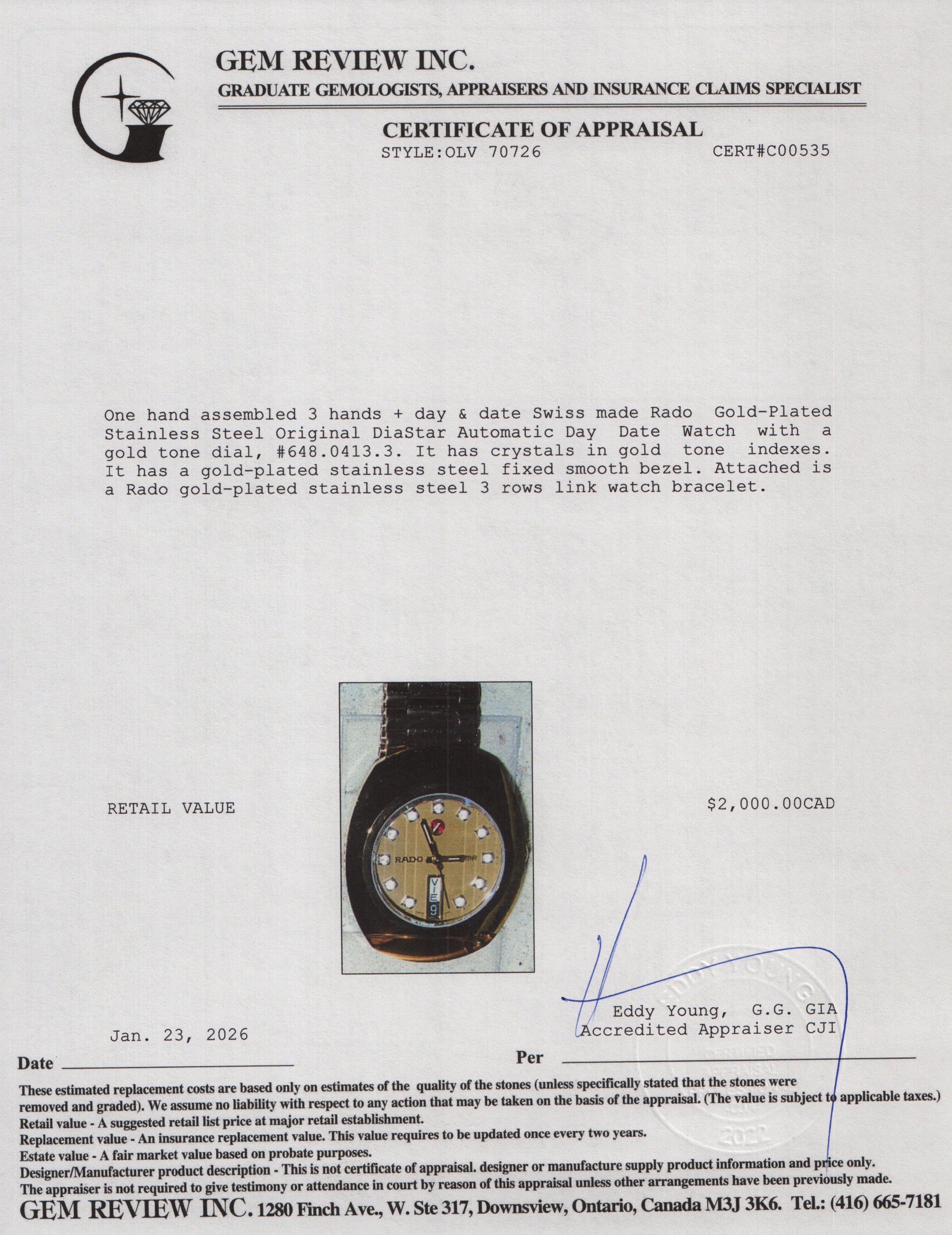 Rado Gold-Plated Stainless Steel Original DiaStar Automatic Day Date Watch Gold Diamond Dial