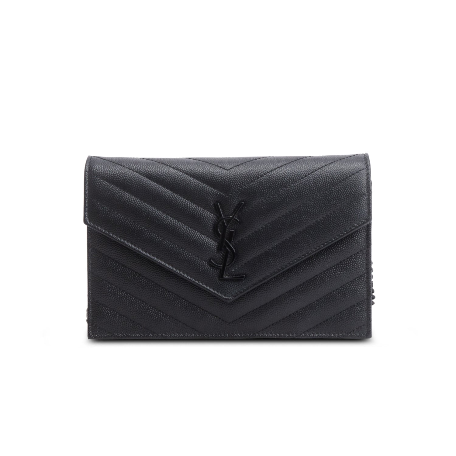 Saint Laurent 2022 Black Grain De Poudre Monochrome Cassandre Envelope Chain Wallet