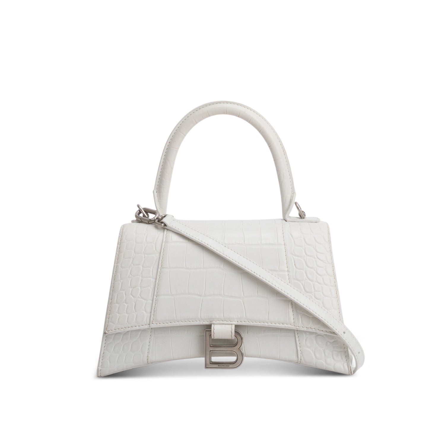 Balenciaga White Calfskin Croc Embossed Small Hourglass Top Handle Bag w/ Strap