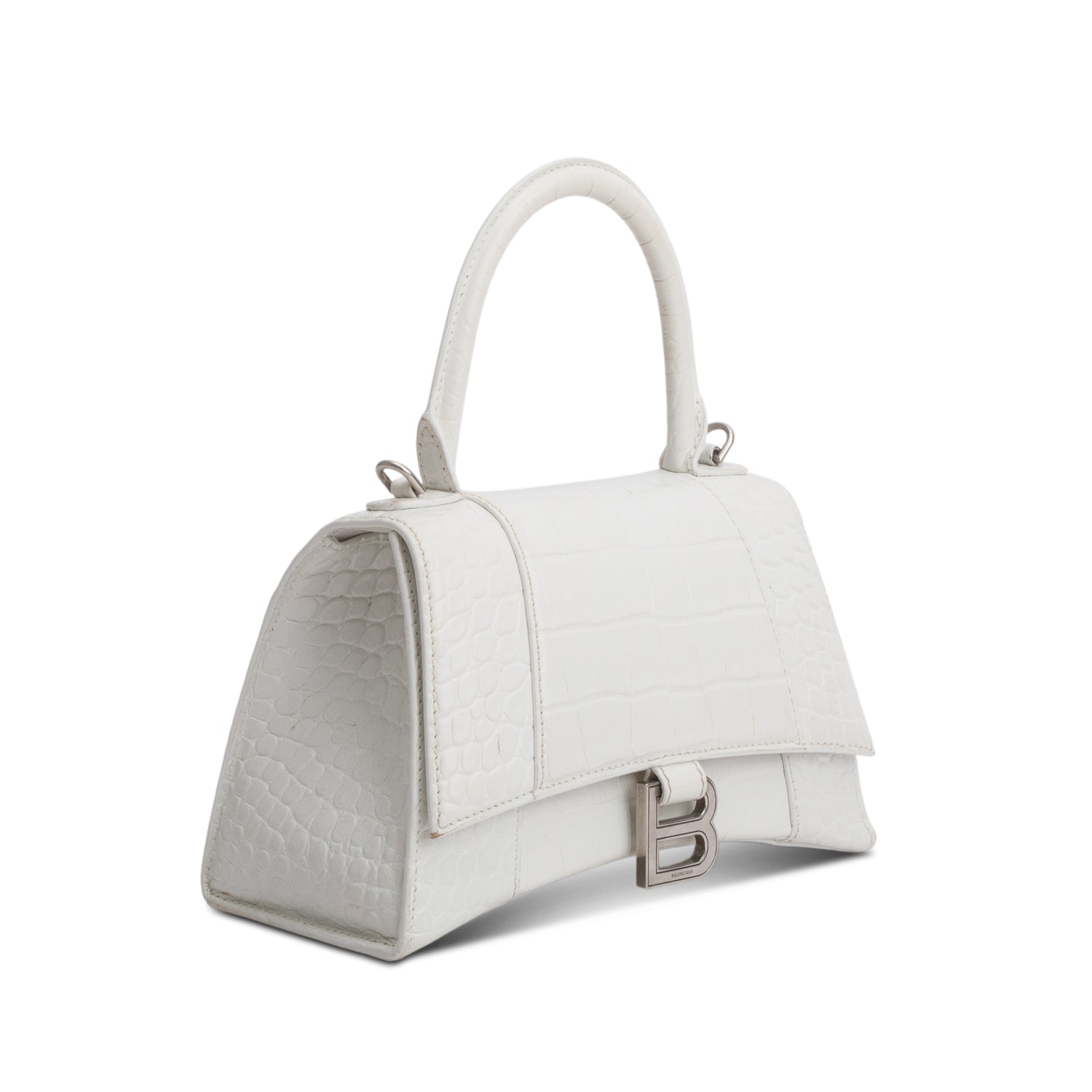 Balenciaga White Calfskin Croc Embossed Small Hourglass Top Handle Bag w/ Strap