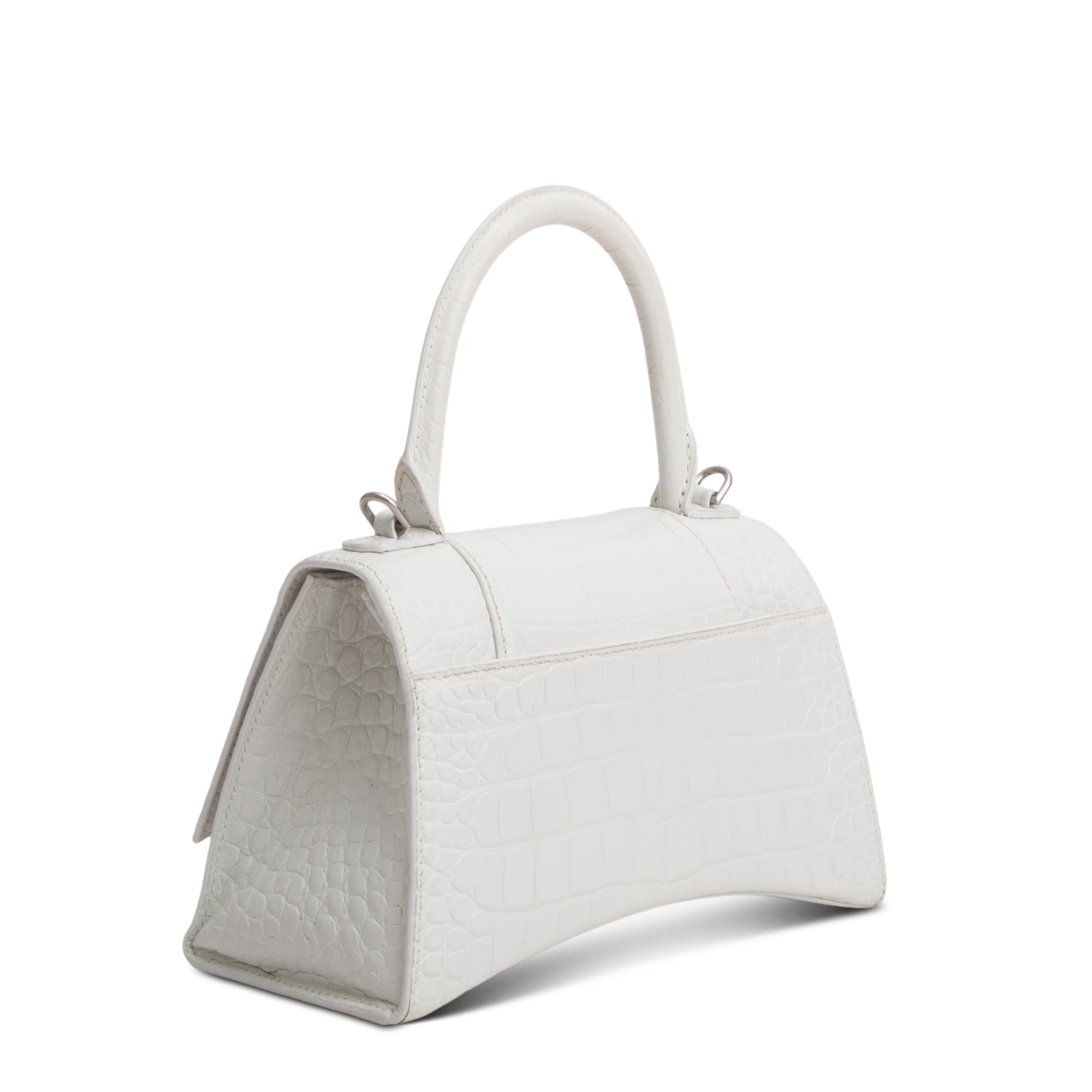 Balenciaga White Calfskin Croc Embossed Small Hourglass Top Handle Bag w/ Strap