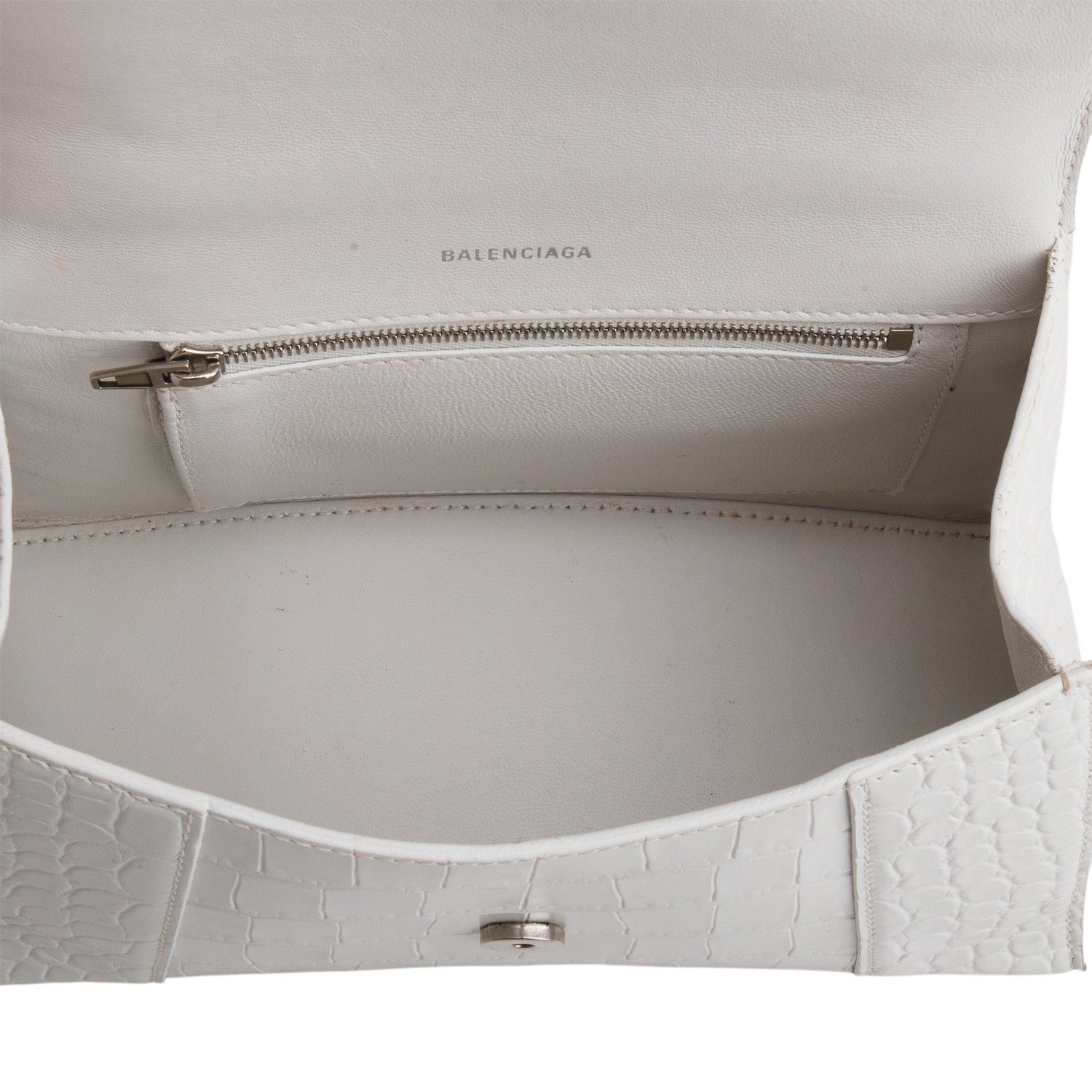 Balenciaga White Calfskin Croc Embossed Small Hourglass Top Handle Bag w/ Strap