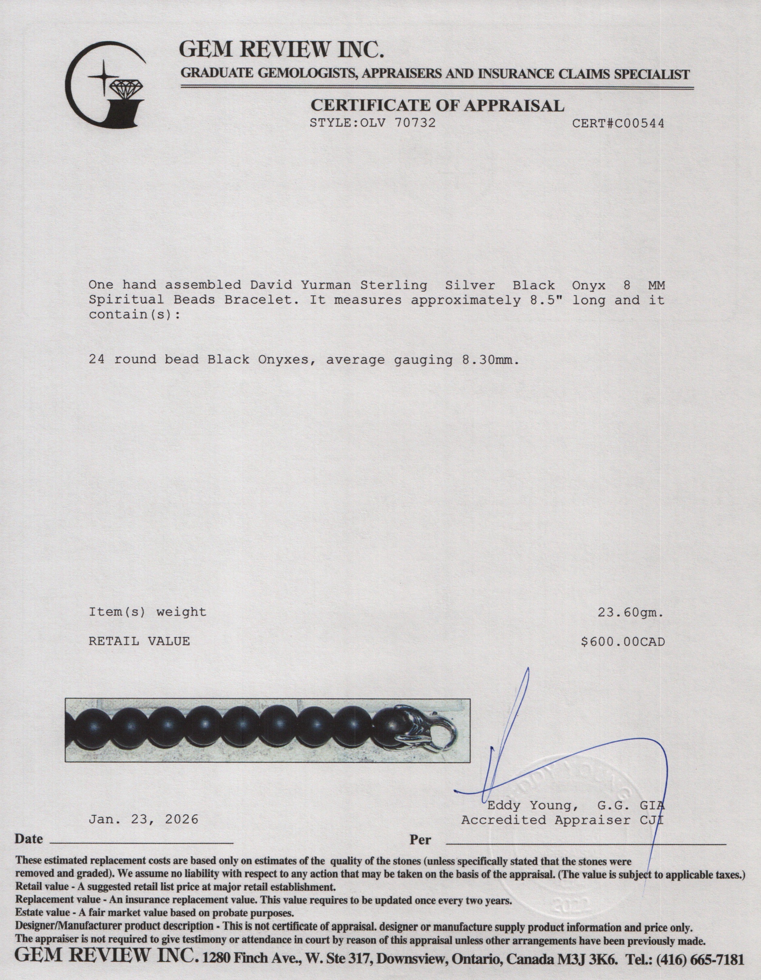 David Yurman Sterling Silver Black Onyx 8 MM Spiritual Beads Bracelet