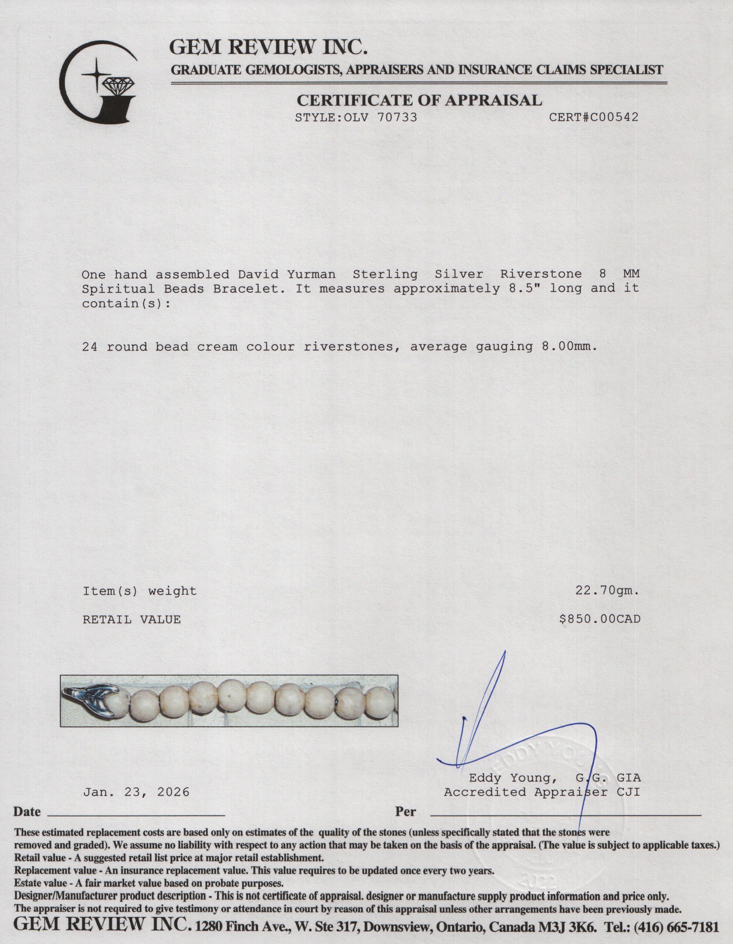 David Yurman Sterling Silver Riverstone 8 MM Spiritual Beads Bracelet