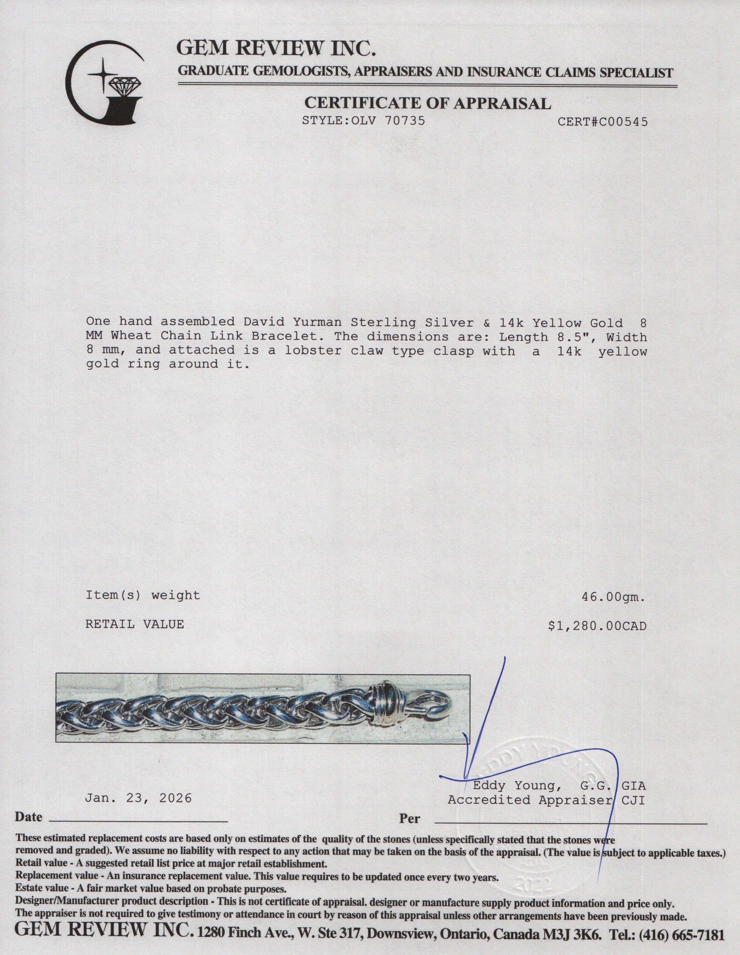 David Yurman Sterling Silver & 14k Yellow Gold 8 MM Wheat Chain Link Bracelet