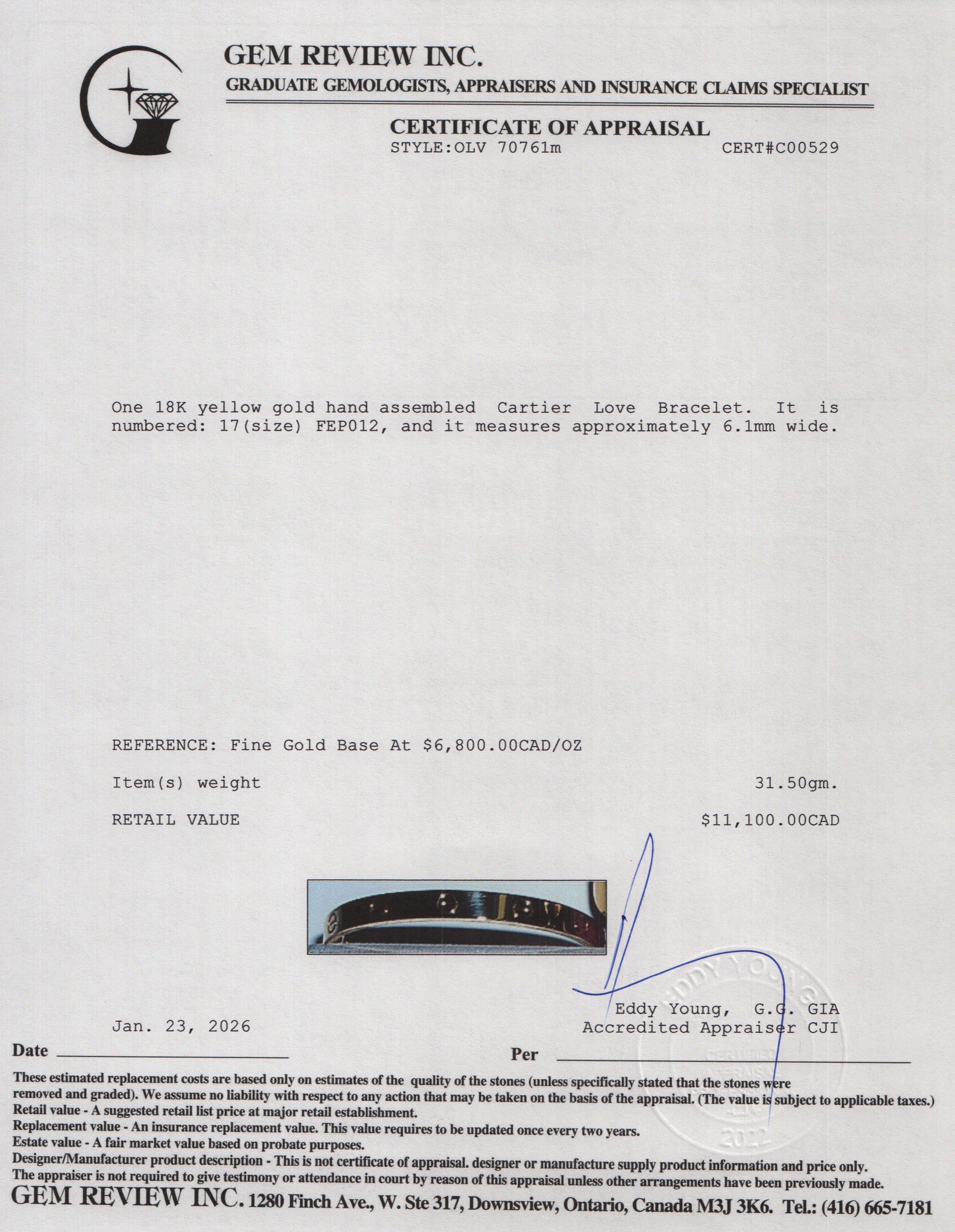 Cartier 18k Yellow Gold Love Bracelet, Classic Model, Size 17 w/ Box