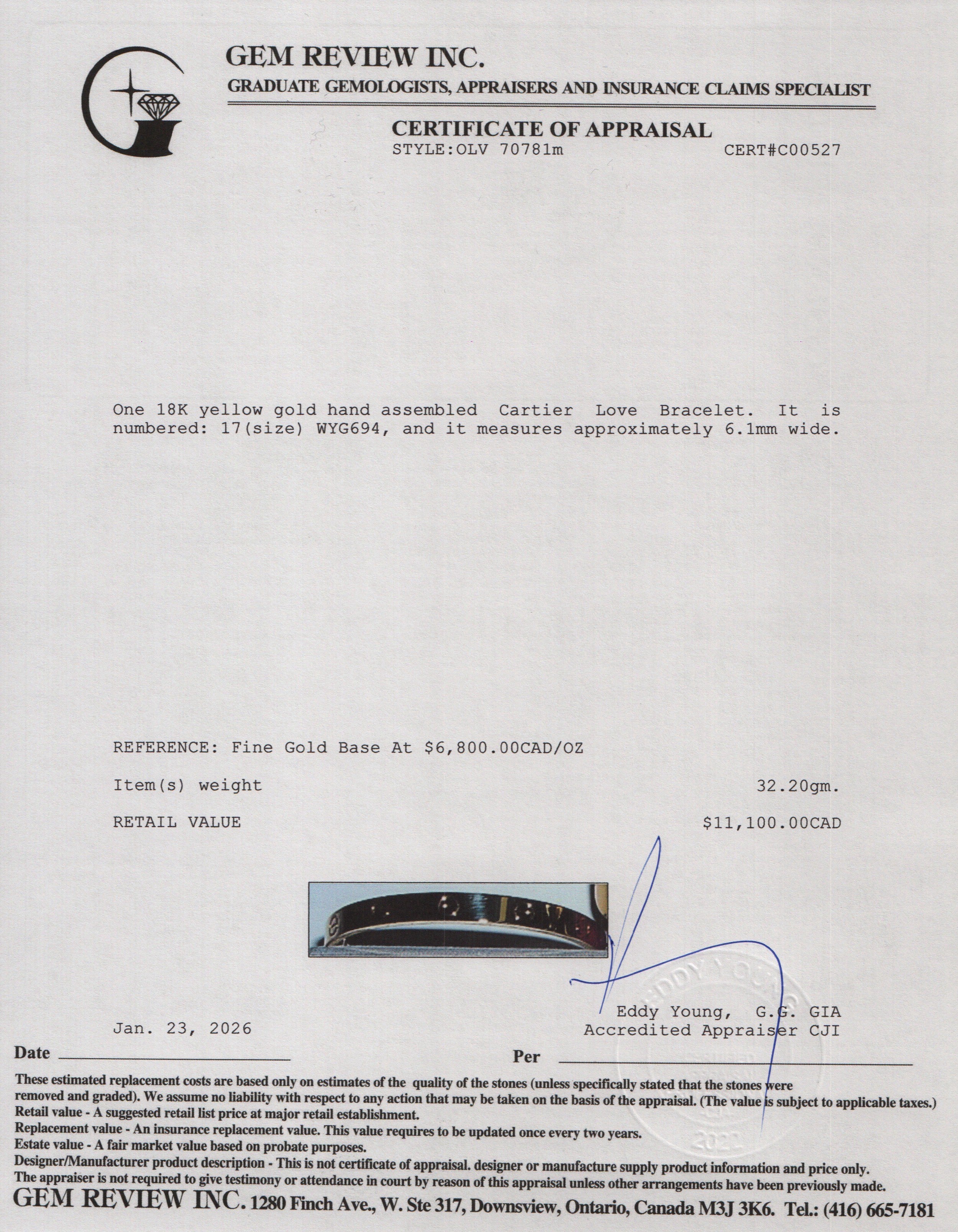 Cartier 2024 18k Yellow Gold Love Bracelet, Classic Model, Size 17 w/ Box, Receipt & Certificate