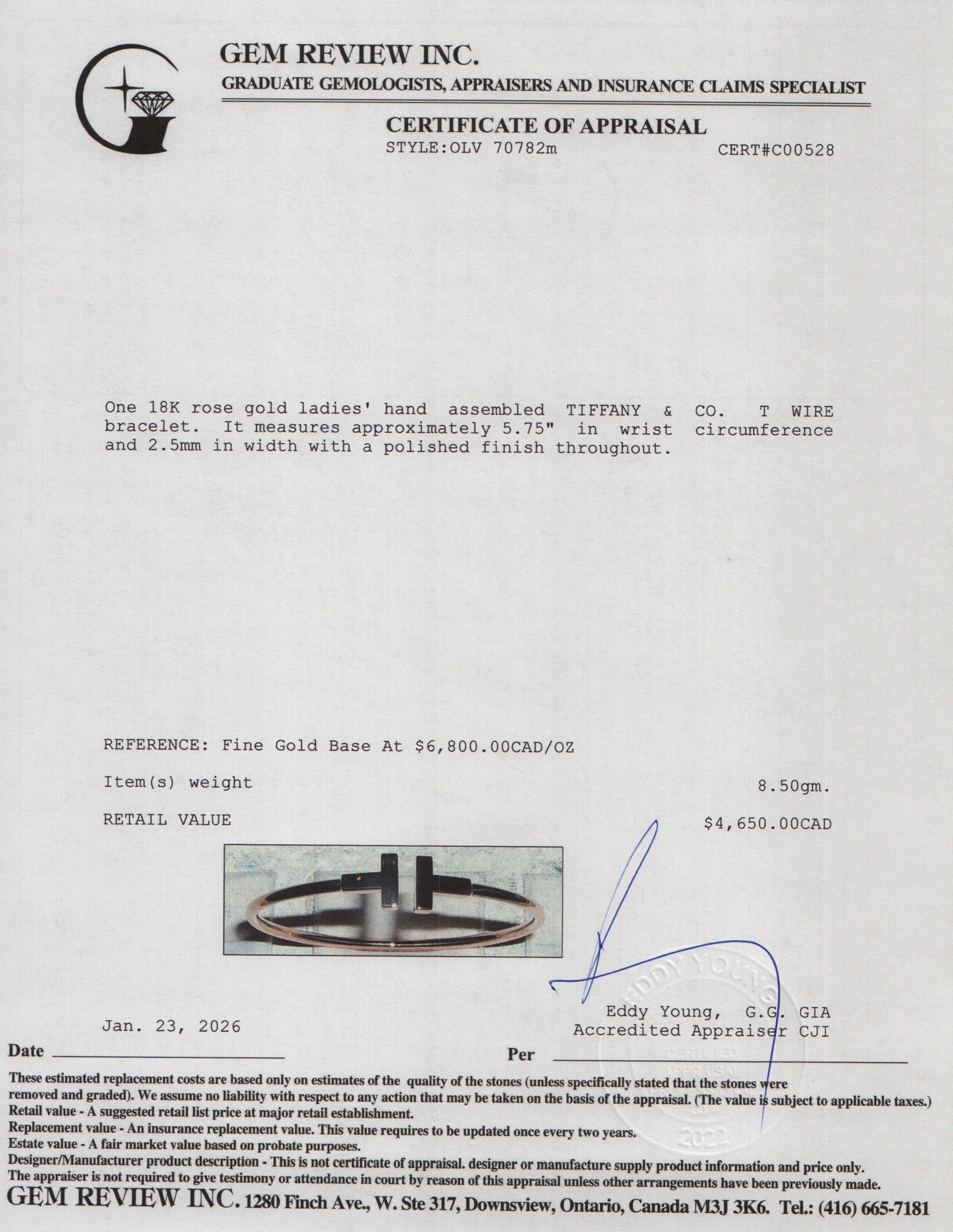 Tiffany & Co. 18k Rose Gold T Wire Bracelet w/ Box