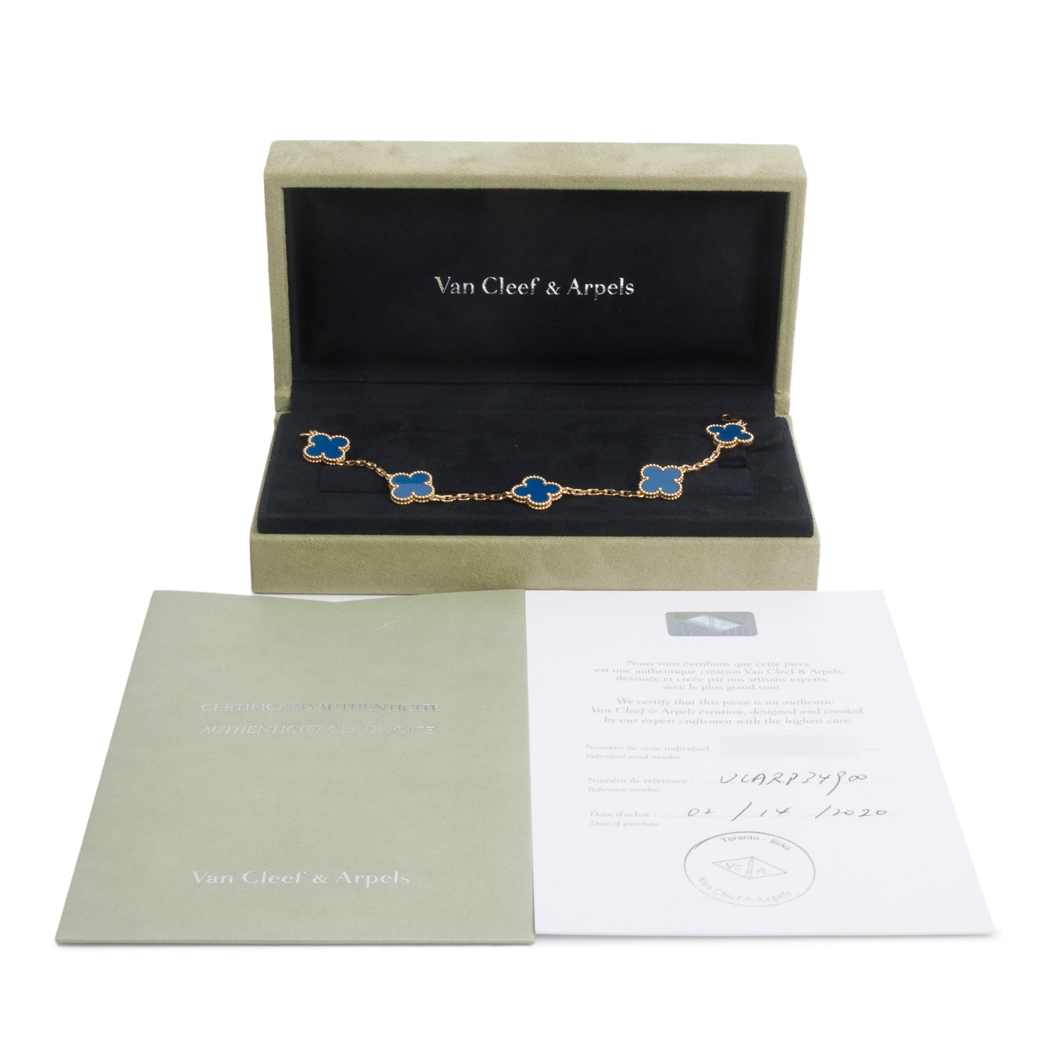 Van Cleef & Arpels 18k Yellow Gold Vintage Alhambra 5 Motif Blue Agate Bracelet w/ Box, Receipt, & Certificate