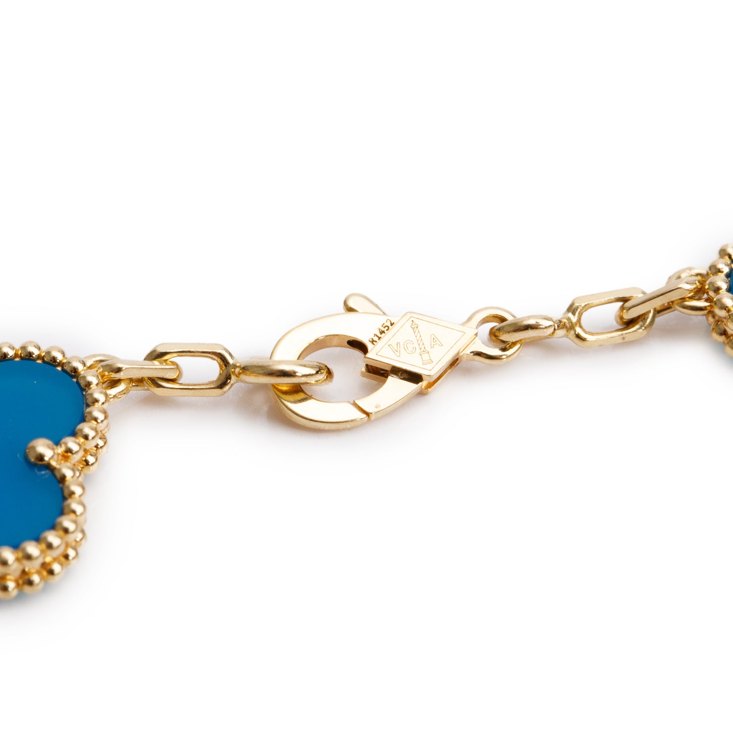 Van Cleef & Arpels 18k Yellow Gold Vintage Alhambra 5 Motif Blue Agate Bracelet w/ Box, Receipt, & Certificate
