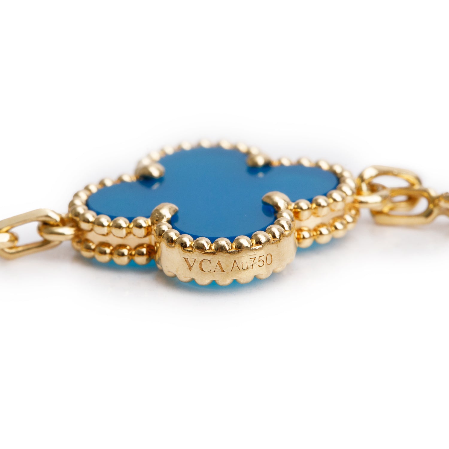 Van Cleef & Arpels 18k Yellow Gold Vintage Alhambra 5 Motif Blue Agate Bracelet w/ Box, Receipt, & Certificate