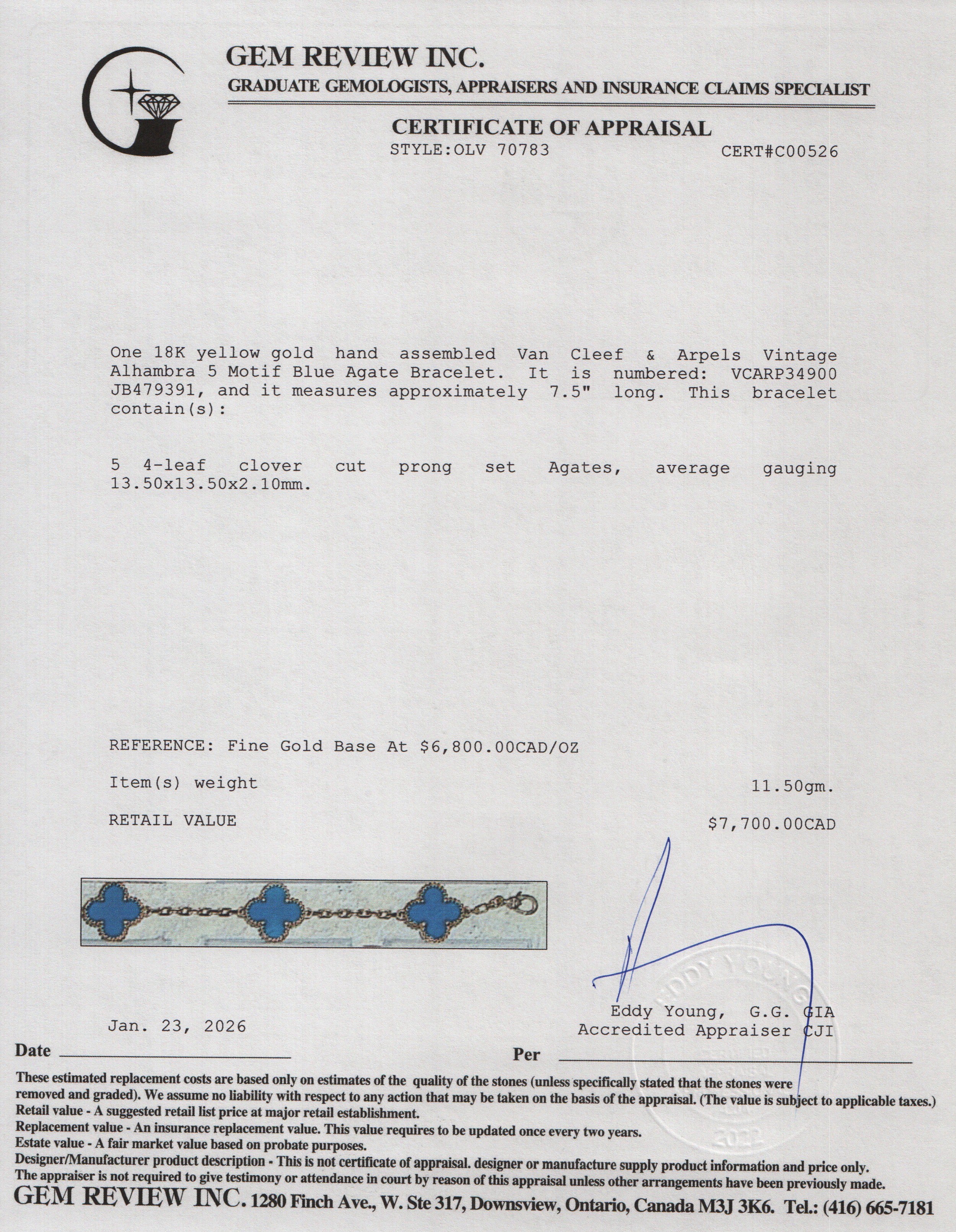 Van Cleef & Arpels 18k Yellow Gold Vintage Alhambra 5 Motif Blue Agate Bracelet w/ Box, Receipt, & Certificate