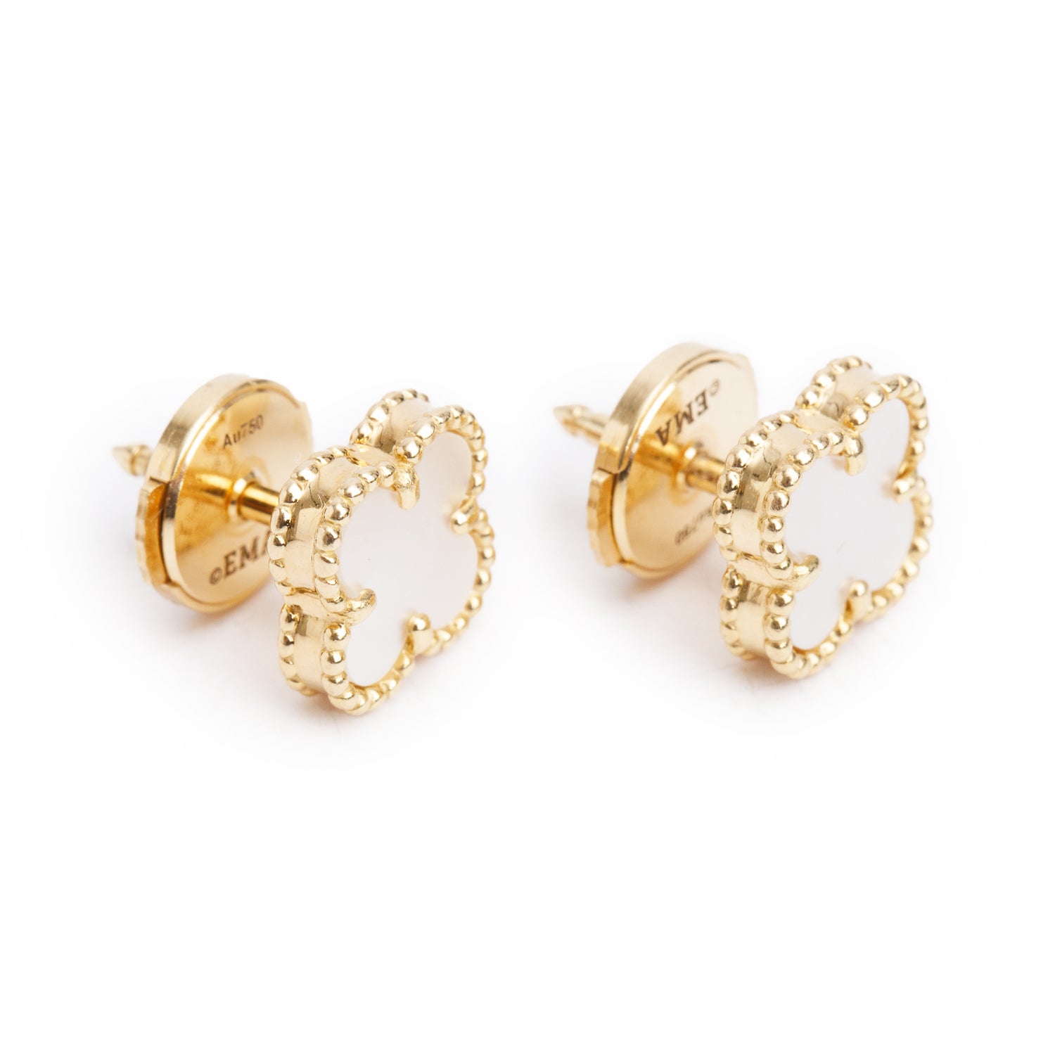 Van Cleef & Arpels 18k Yellow Gold Sweet Alhambra Mother of Pearl Stud Earrings w/ Box