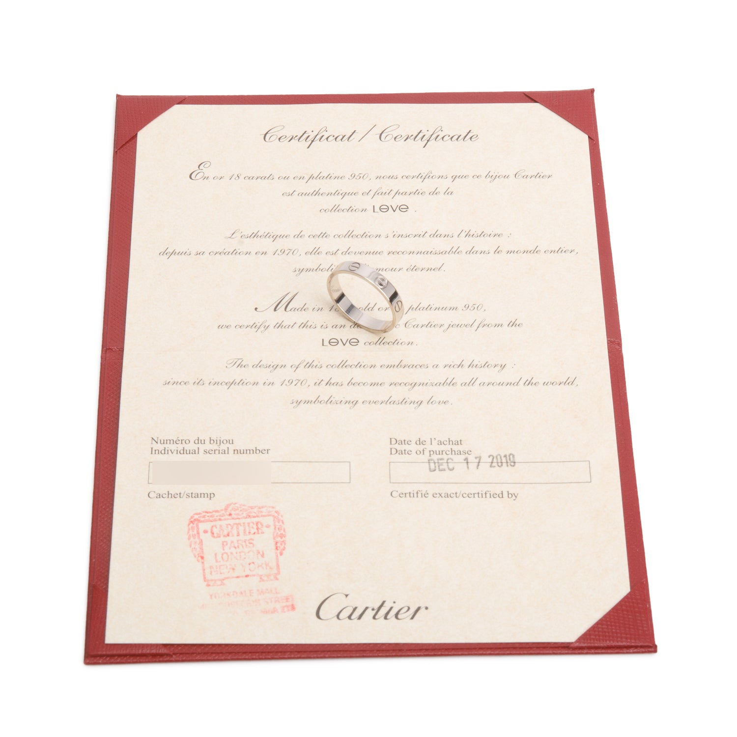 Cartier 18k White Gold 3.6 MM Love Wedding Band Ring, Size 55 7.25 w/ Certificate