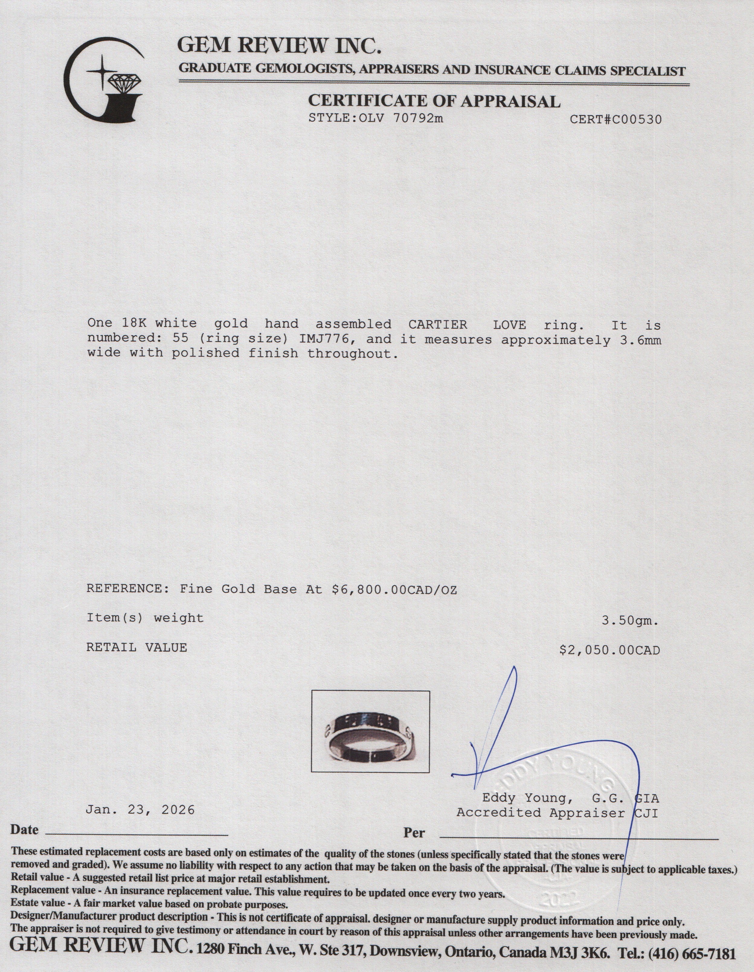 Cartier 18k White Gold 3.6 MM Love Wedding Band Ring, Size 55 7.25 w/ Certificate