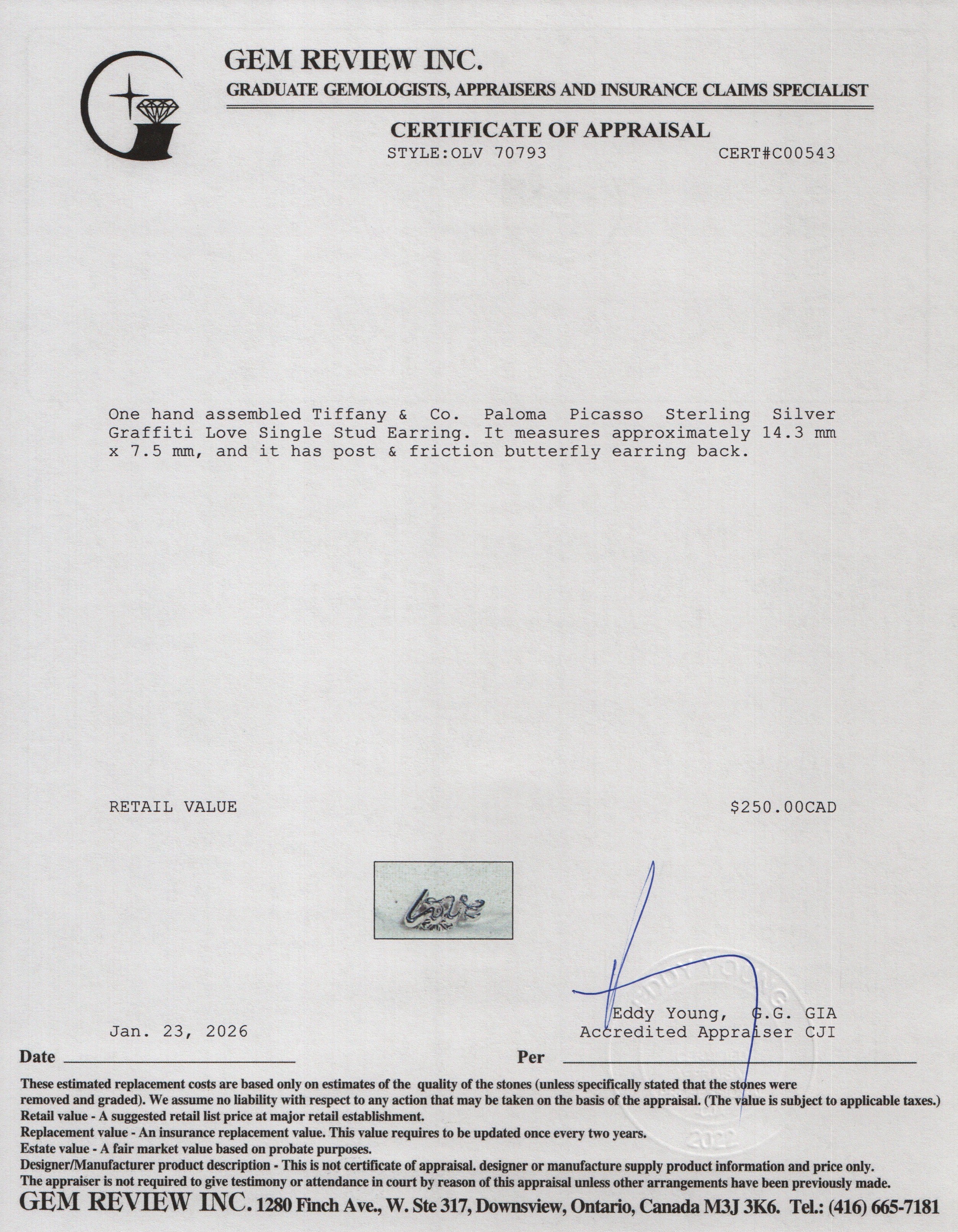 Tiffany & Co. Paloma Picasso Sterling Silver Graffiti Love Single Stud Earring