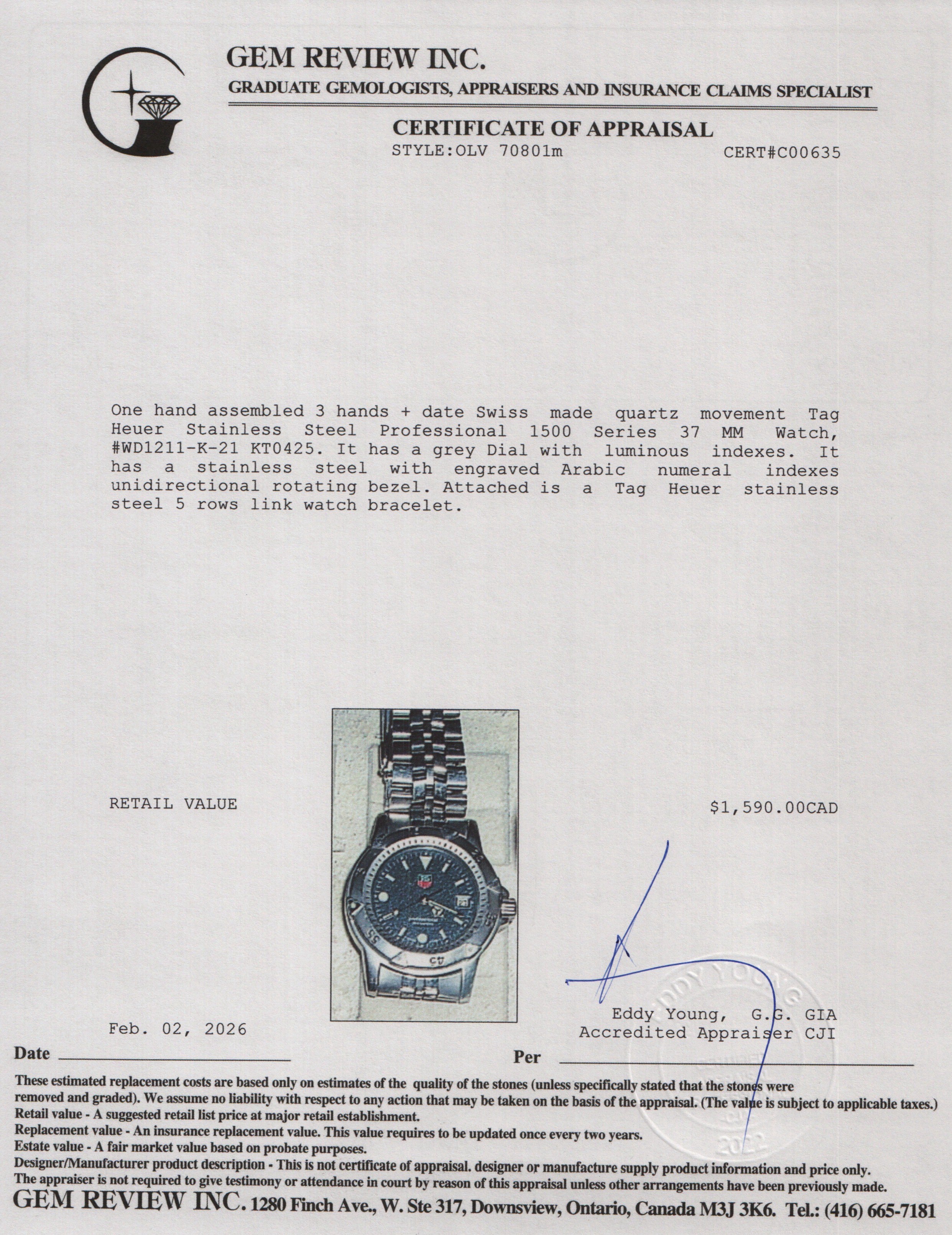 Tag Heuer Stainless Steel Professional 1500 Series 37 MM Watch Grey Dial WD1211-K-21