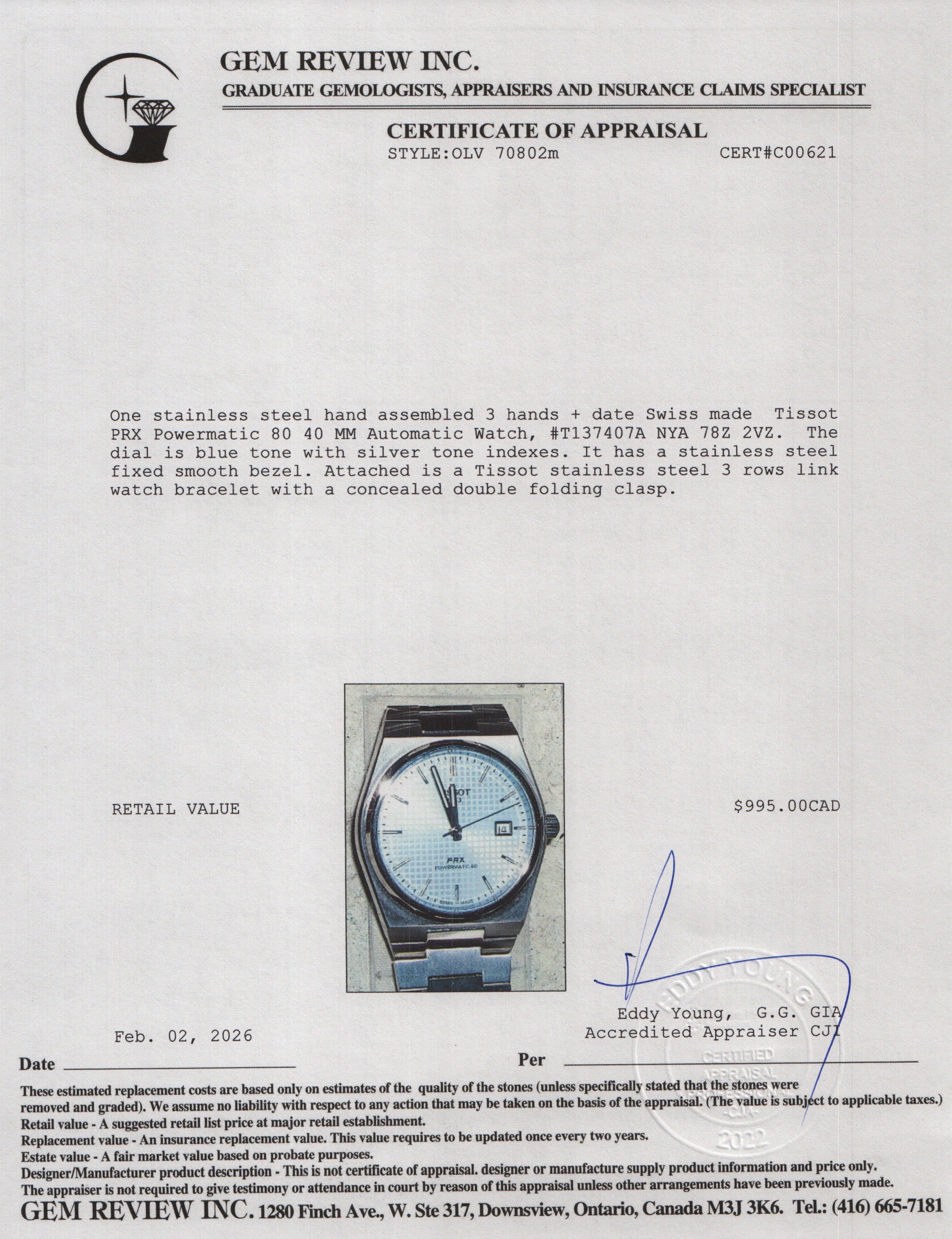 Tissot 2023 Stainless Steel PRX Powermatic 80 40 MM Automatic Watch Light Blue Dial w/ Box & Papers