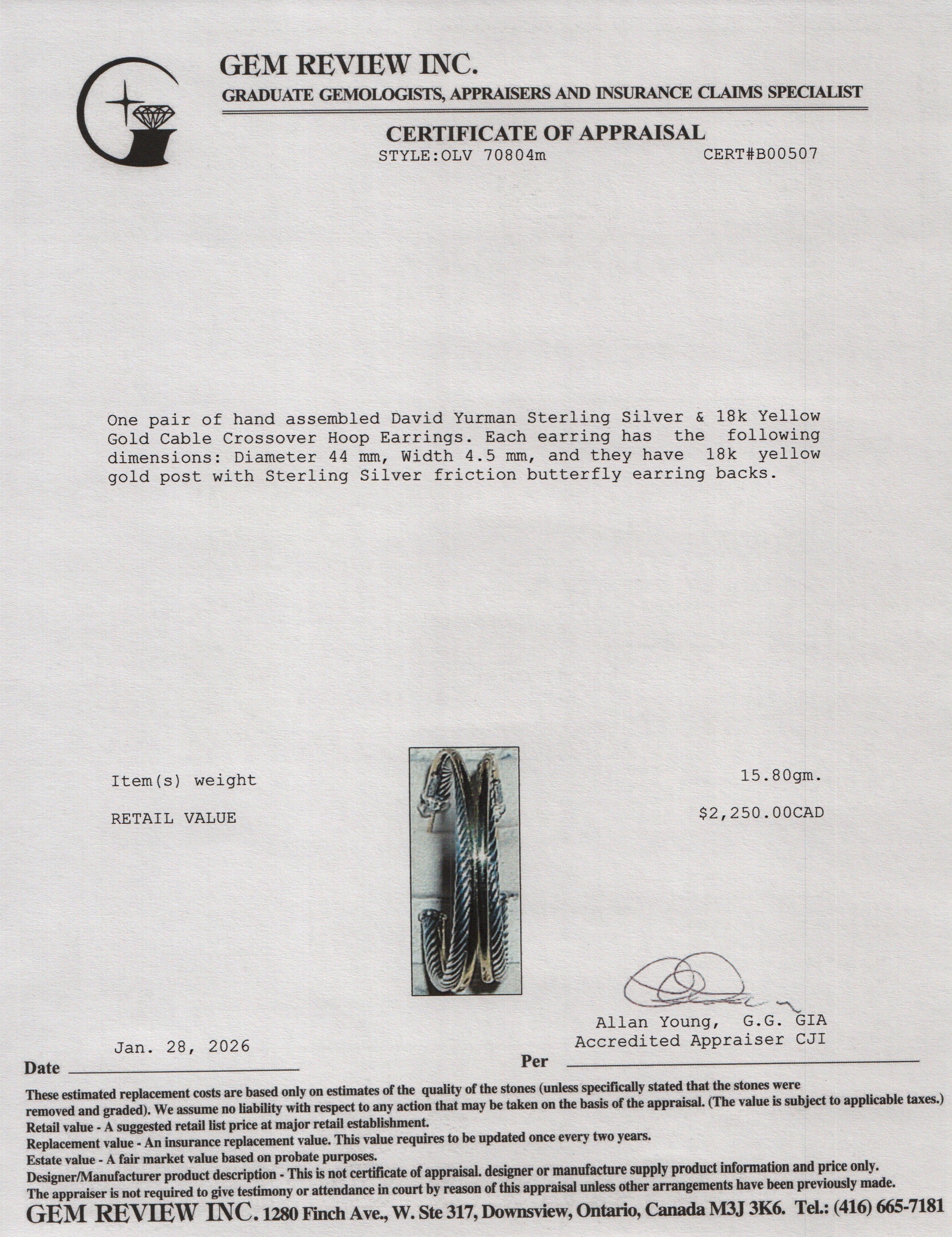 David Yurman Sterling Silver & 18k Yellow Gold Cable Crossover Hoop Earrings, 44 MM