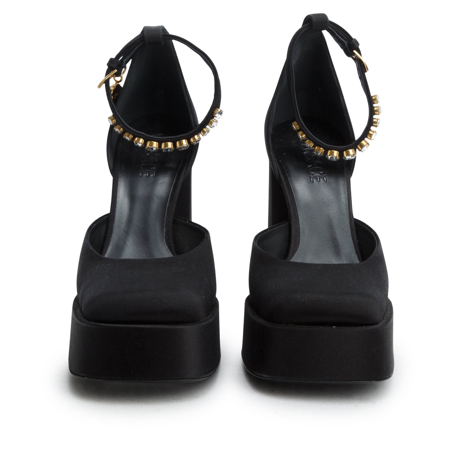Versace Black Satin Medusa Aevitas Platform Pumps, Women's Size 41