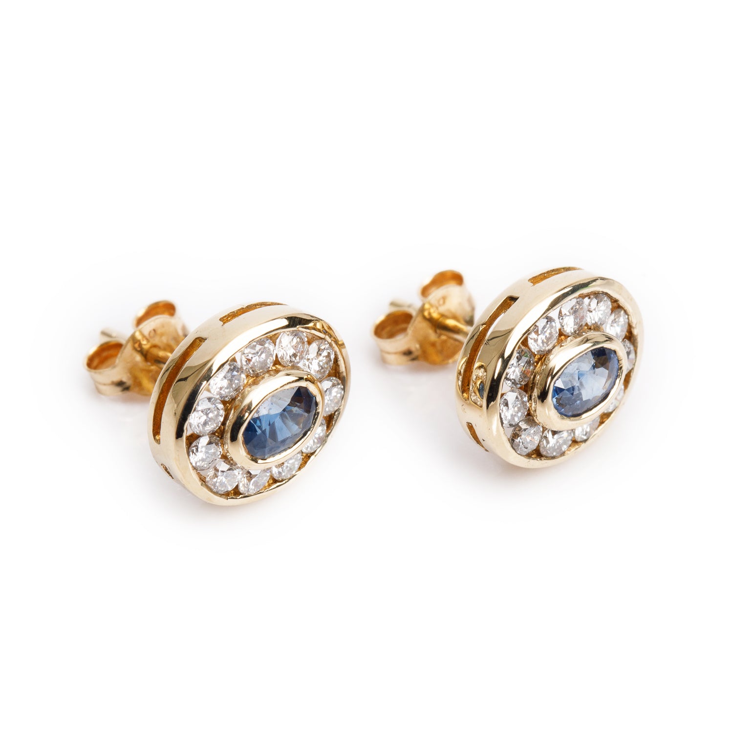 18k Yellow Gold Blue Sapphire & Diamond Earrings Stud Earrings