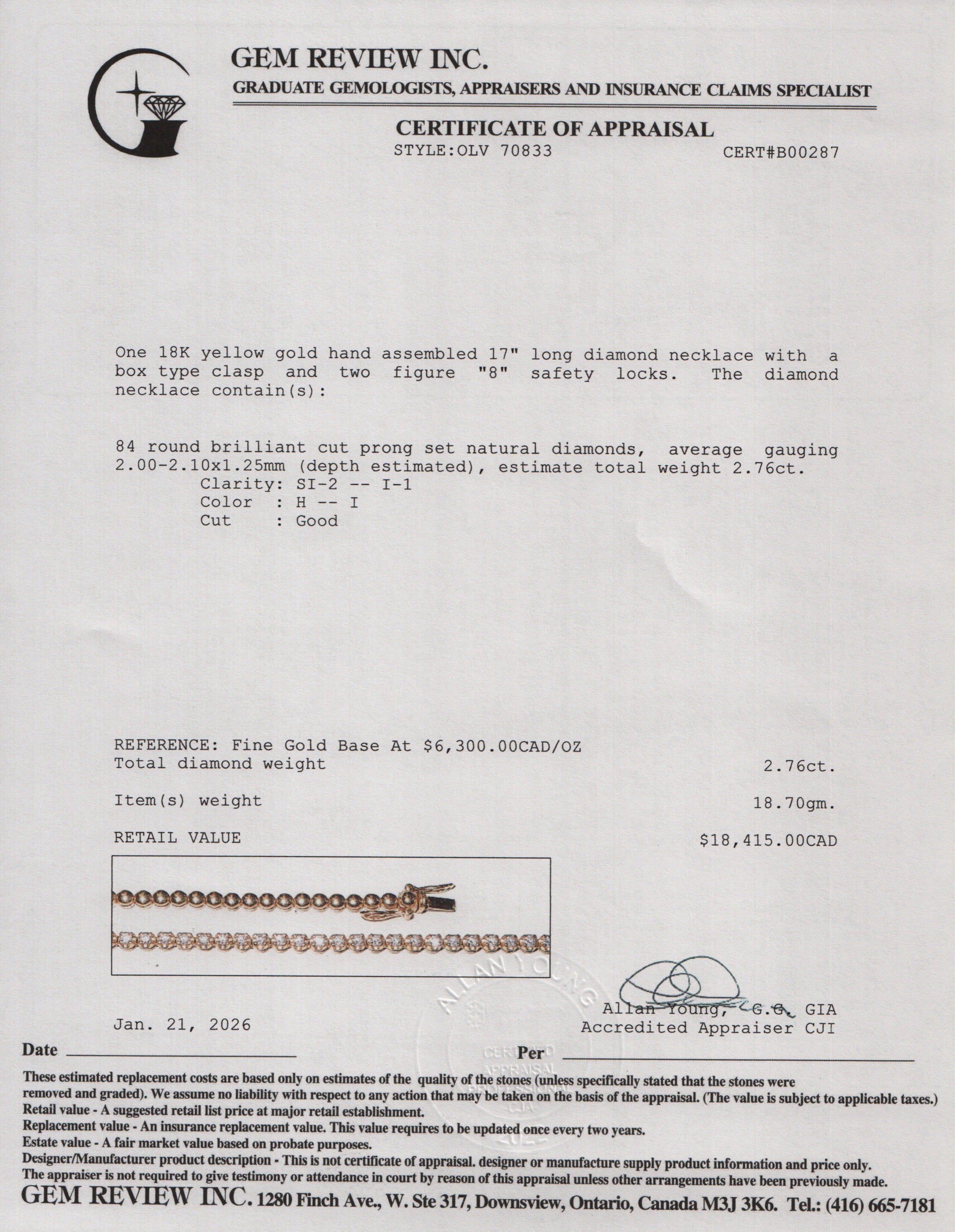 18k Yellow Gold 2.76 tcw. Diamond Tennis Necklace