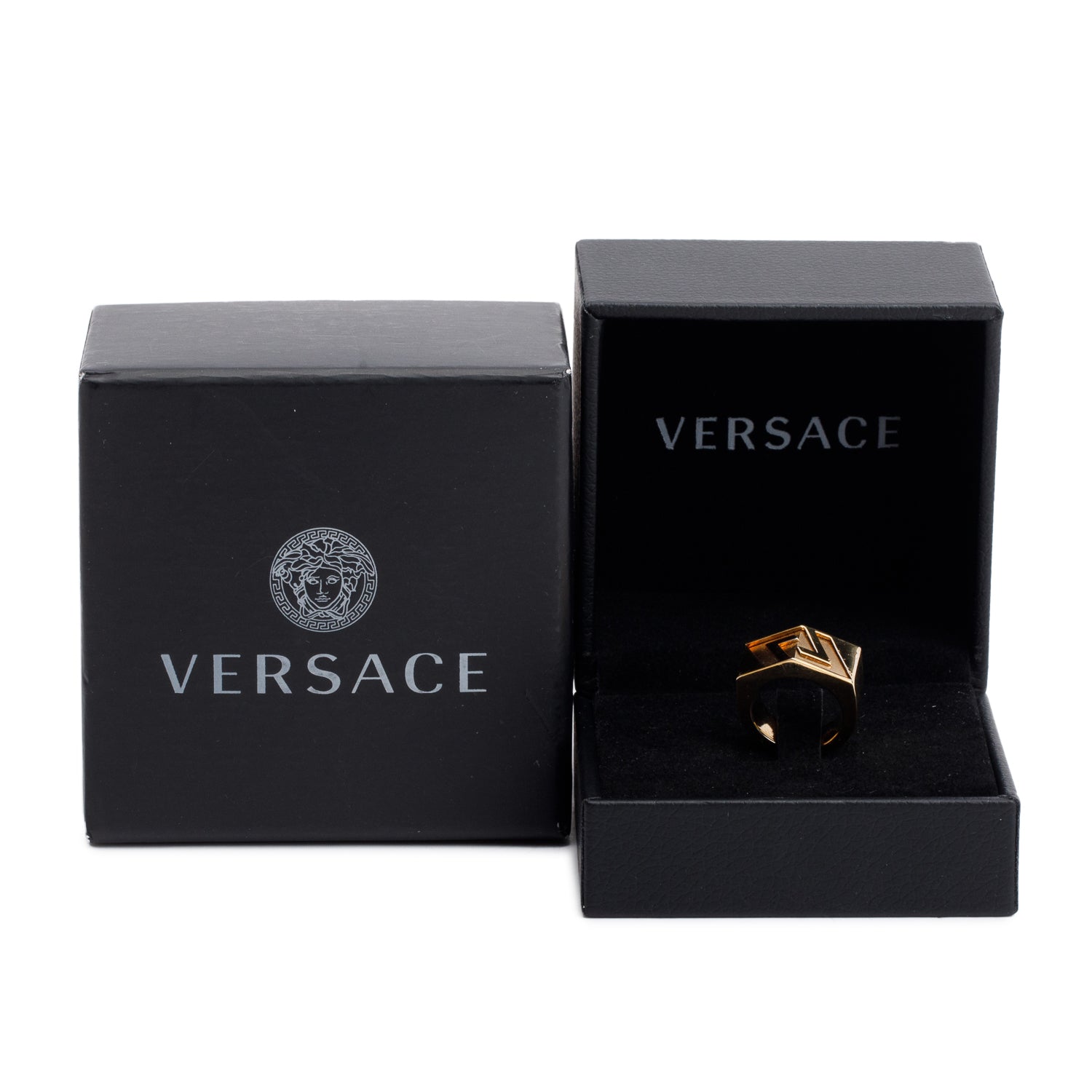 Versace Gold-Plated La Greca Engraved Ring, Size 5 w/ Box