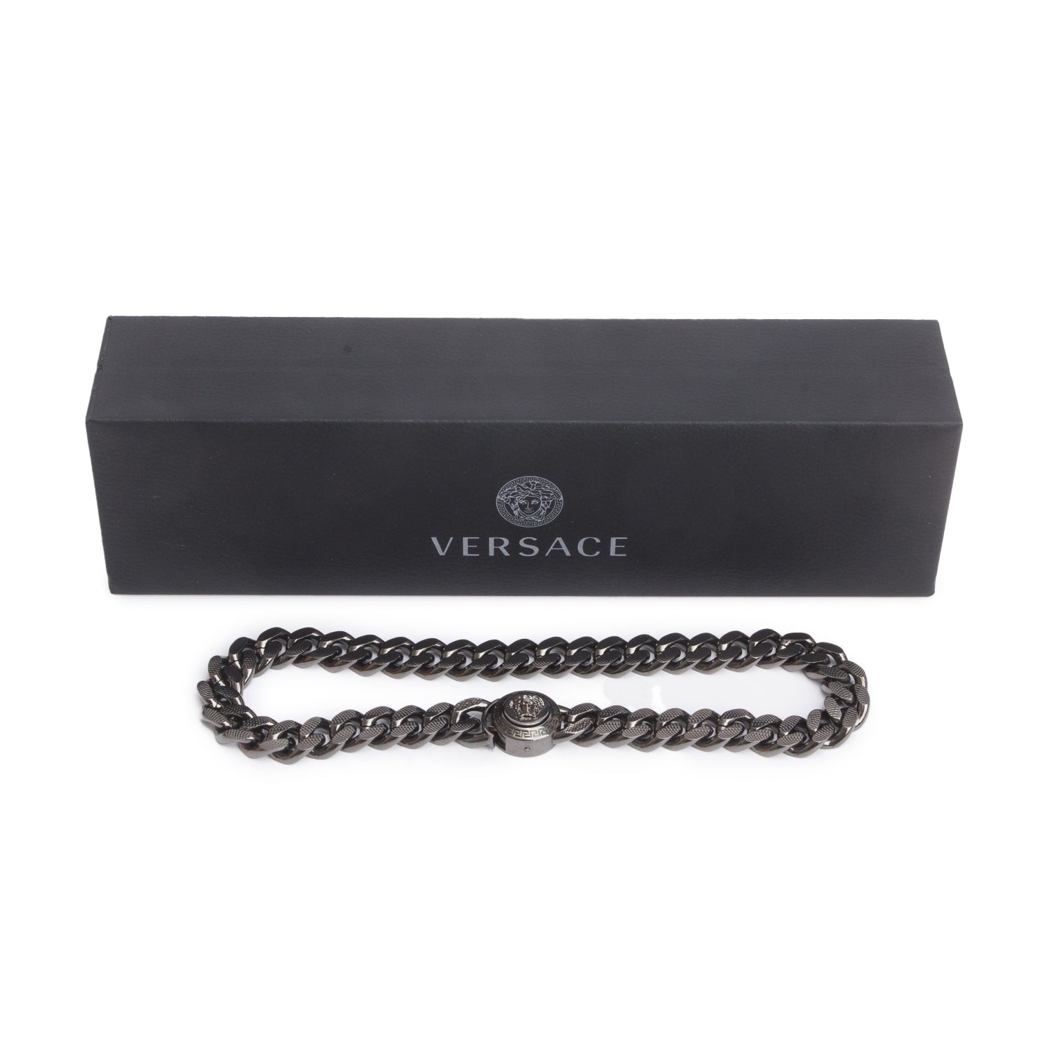 Versace Gun-Metal Thick Chain Medusa Pendant Necklace w/ Box