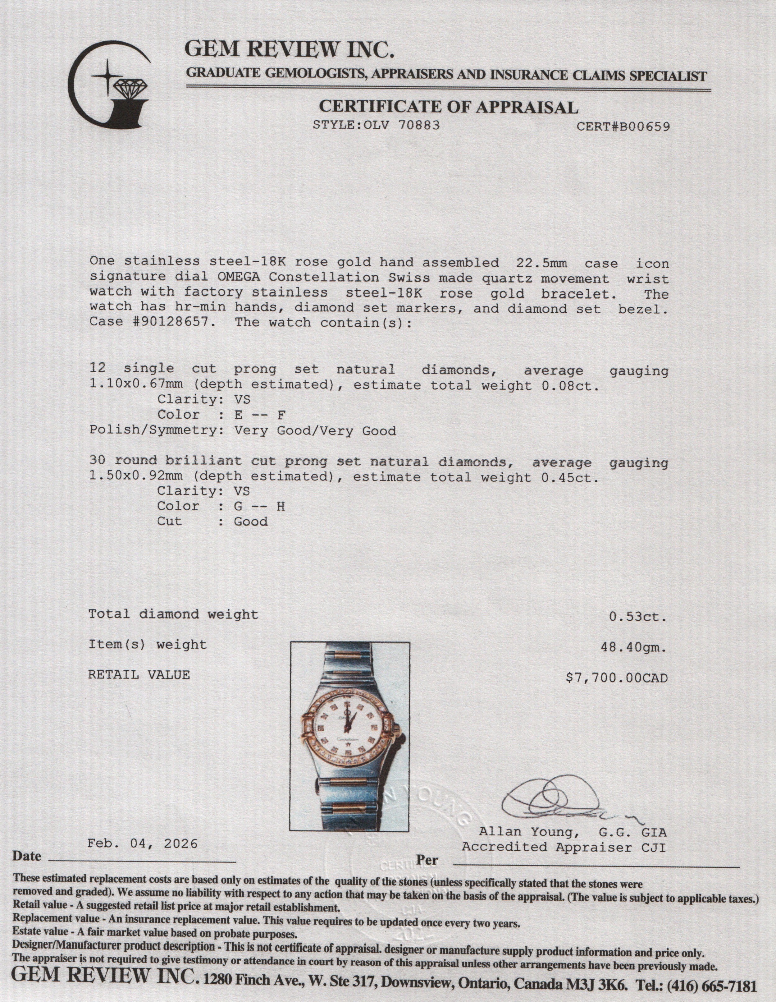 Omega Stainless Steel & 18k Rose Gold Diamond Bezel Constellation 22.5 MM Quartz Watch Diamond Dial w/ Papers