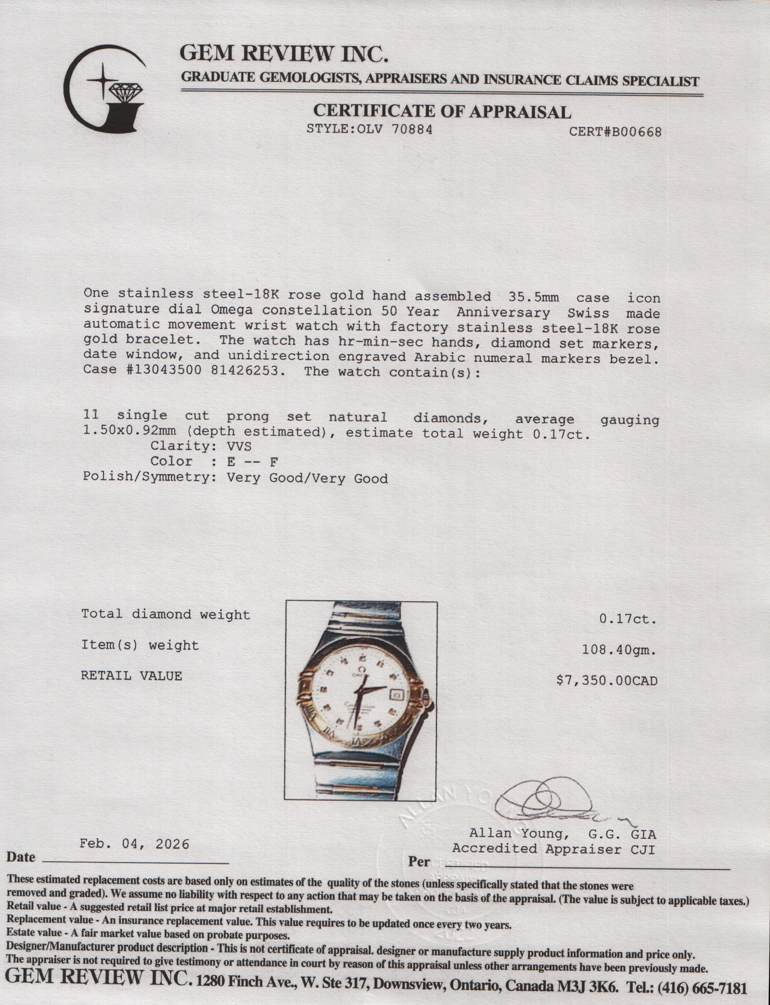 Omega Stainless Steel & 18k Rose Gold Constellation 50 Year Anniversary 35.5 MM Automatic Watch Diamond Dial w/ Papers