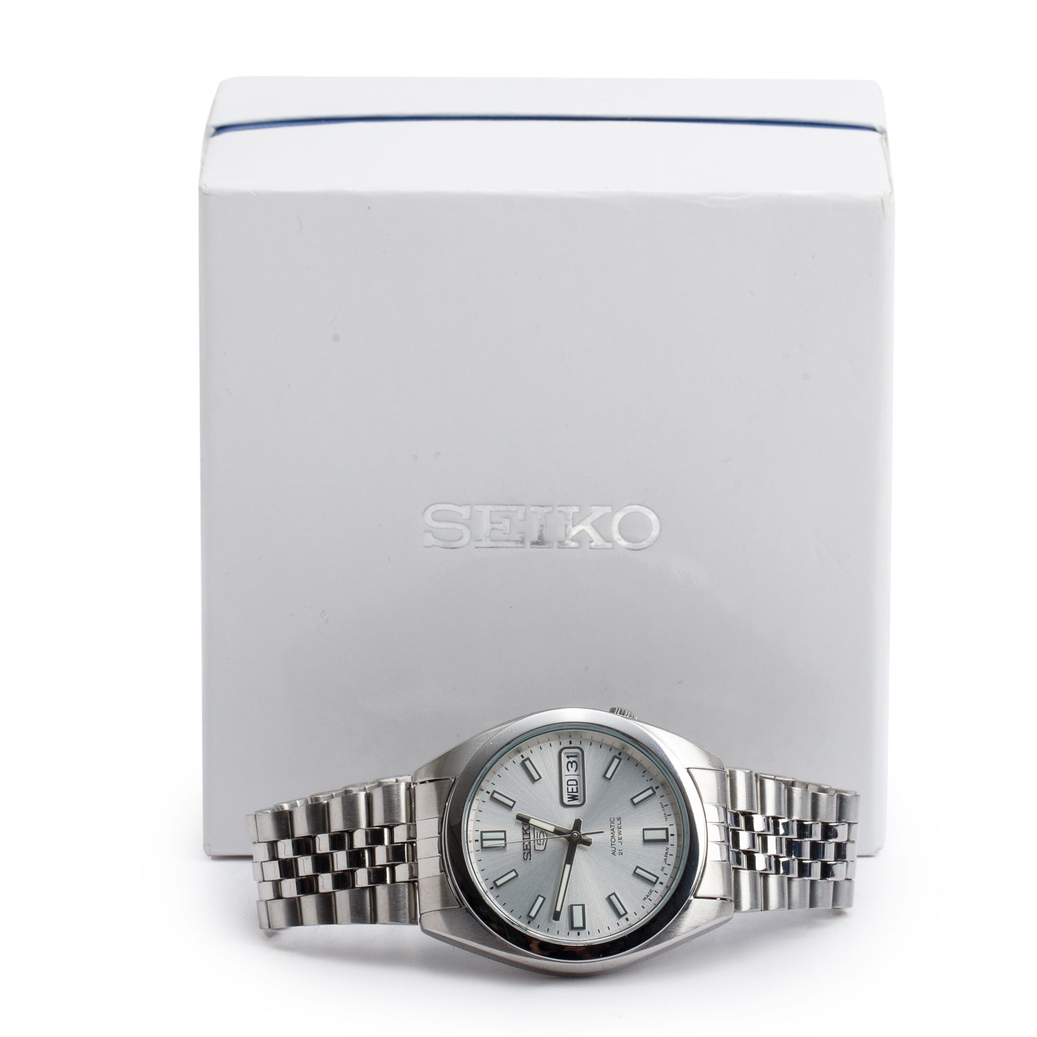 Seiko Stainless Steel Series 5 21 Jewels 37 MM Arabic Day Date Automatic Watch Silver Dial SNK355 w/ Box