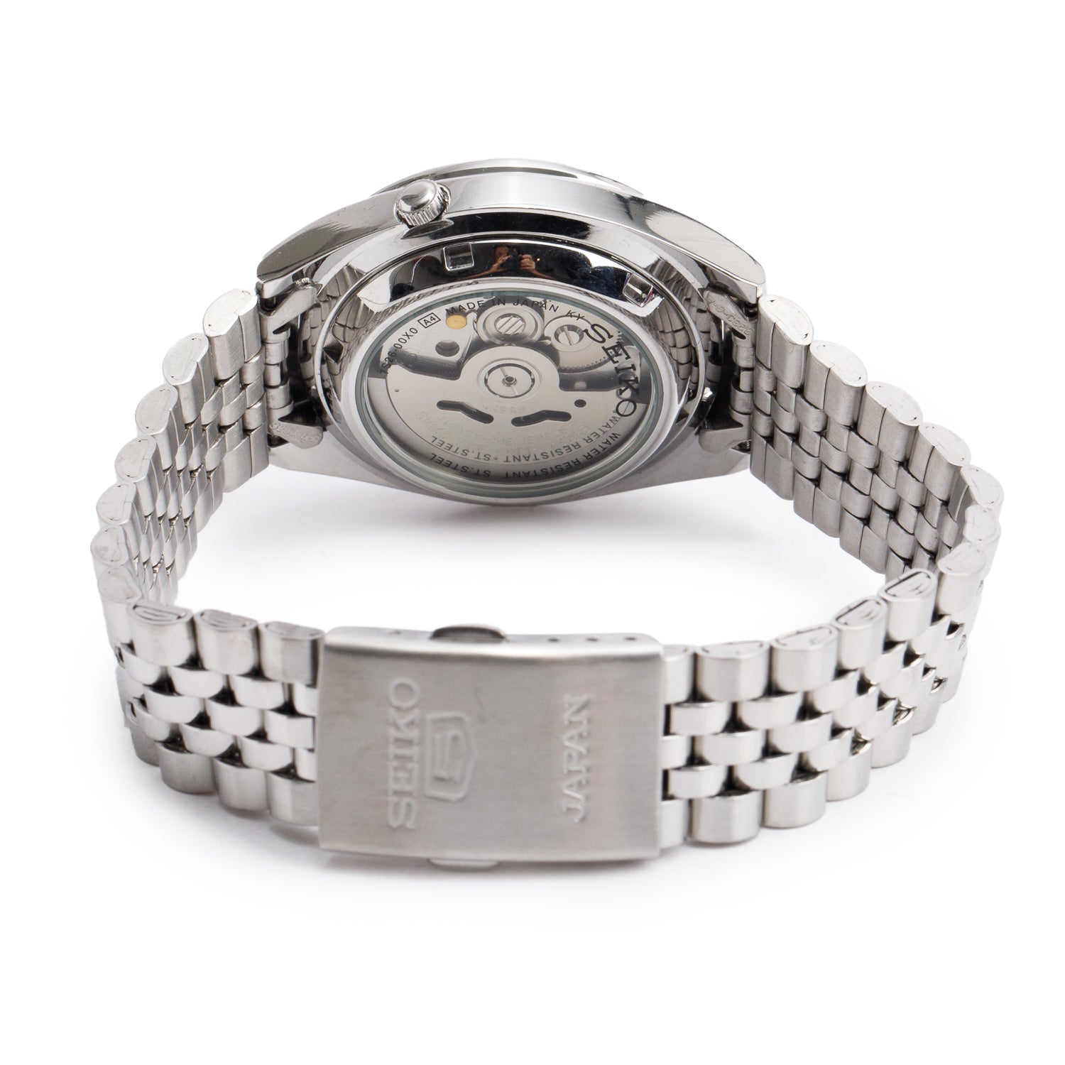 Seiko Stainless Steel Series 5 21 Jewels 37 MM Arabic Day Date Automatic Watch Silver Dial SNK355 w/ Box
