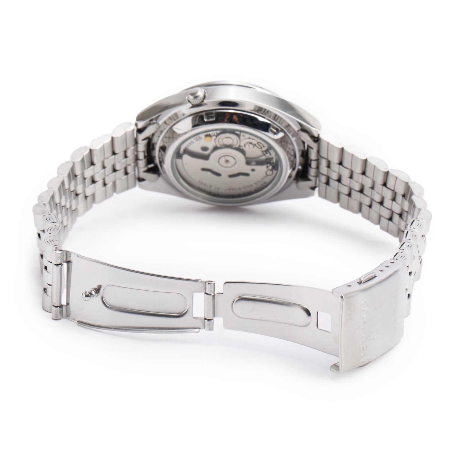 Seiko Stainless Steel Series 5 21 Jewels 37 MM Arabic Day Date Automatic Watch Silver Dial SNK355 w/ Box