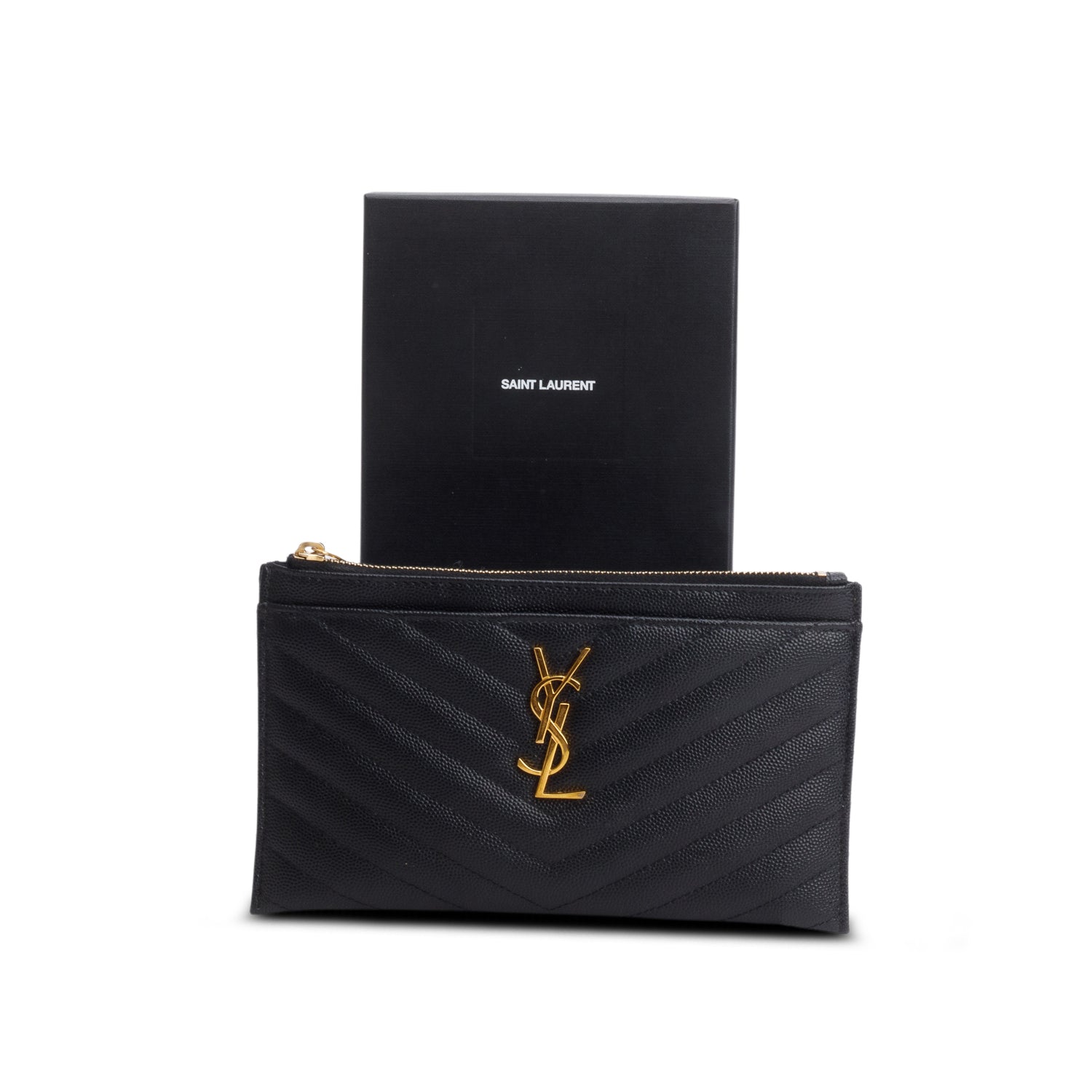 Saint Laurent Black Grain De Poudre Chevron Monogram Bill Pouch w/ Box & Receipt
