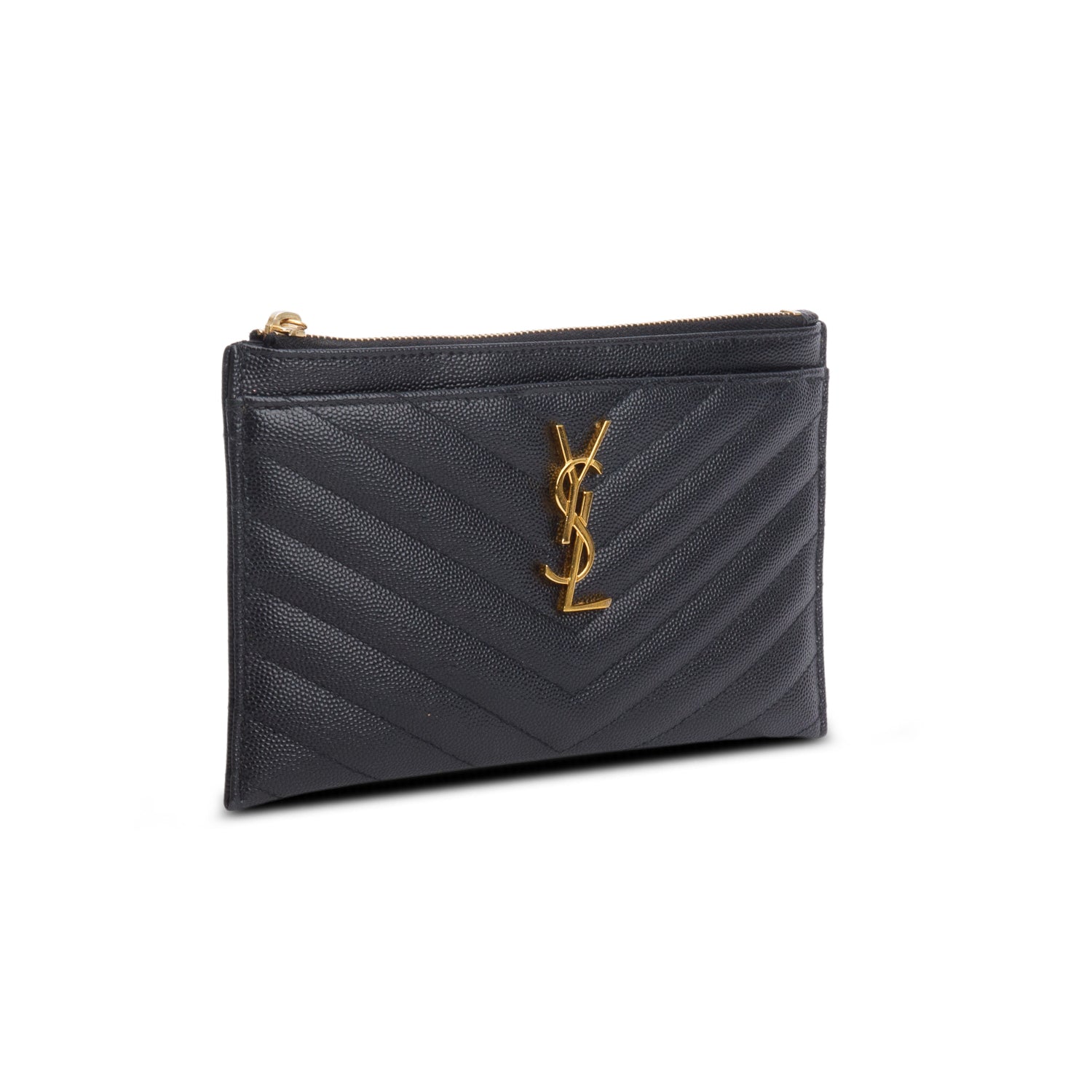 Saint Laurent Black Grain De Poudre Chevron Monogram Bill Pouch w/ Box & Receipt