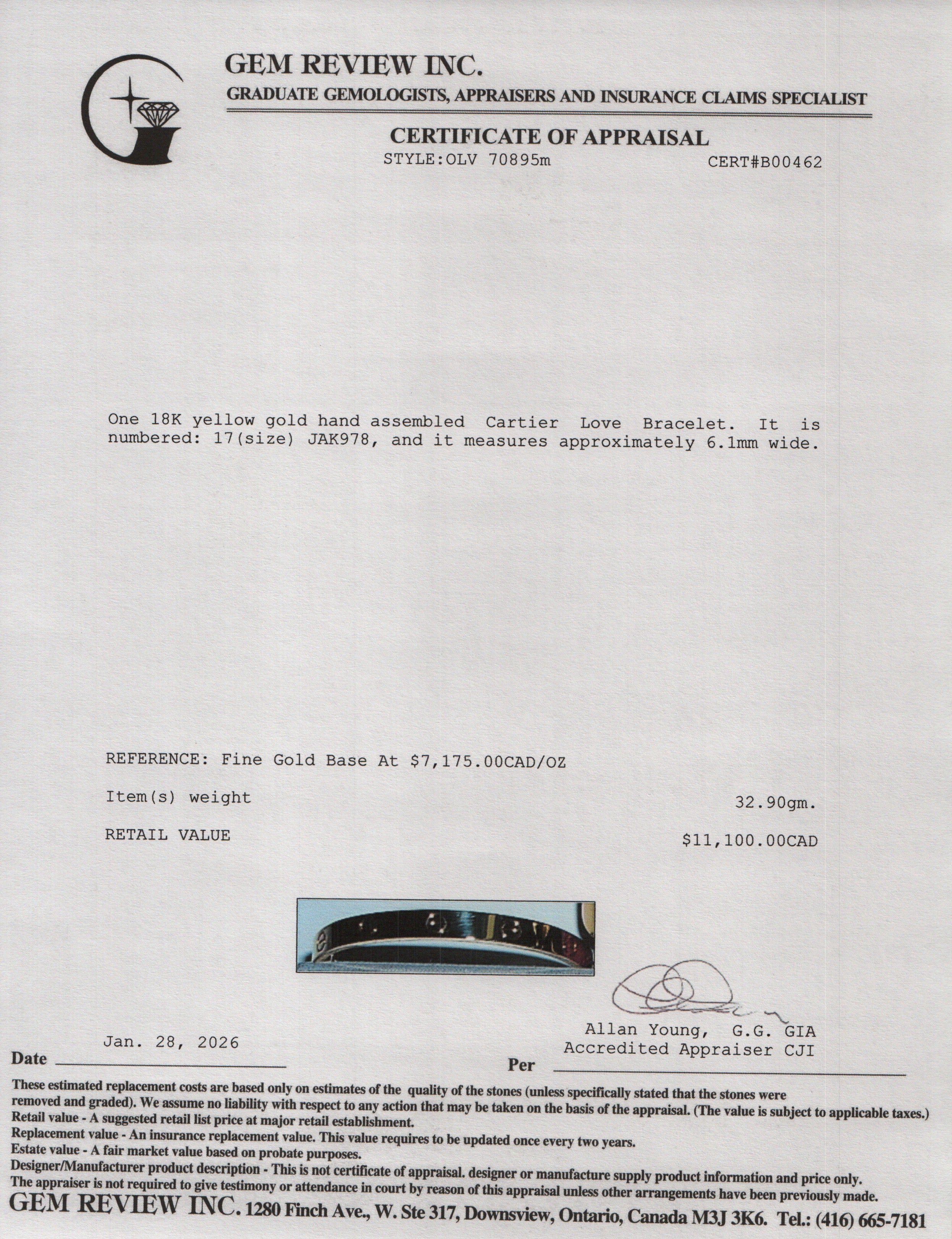 Cartier 18k Yellow Gold Love Bracelet, Classic Model, Size 17