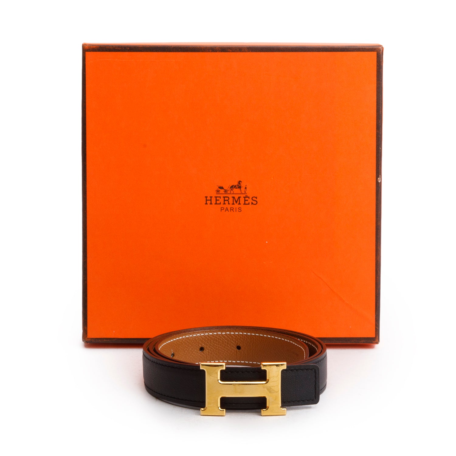 Hermes 2021 Noir/Gold Swift & Epsom Leather Reversible 24 MM Gold Plated Mini H Belt Kit
