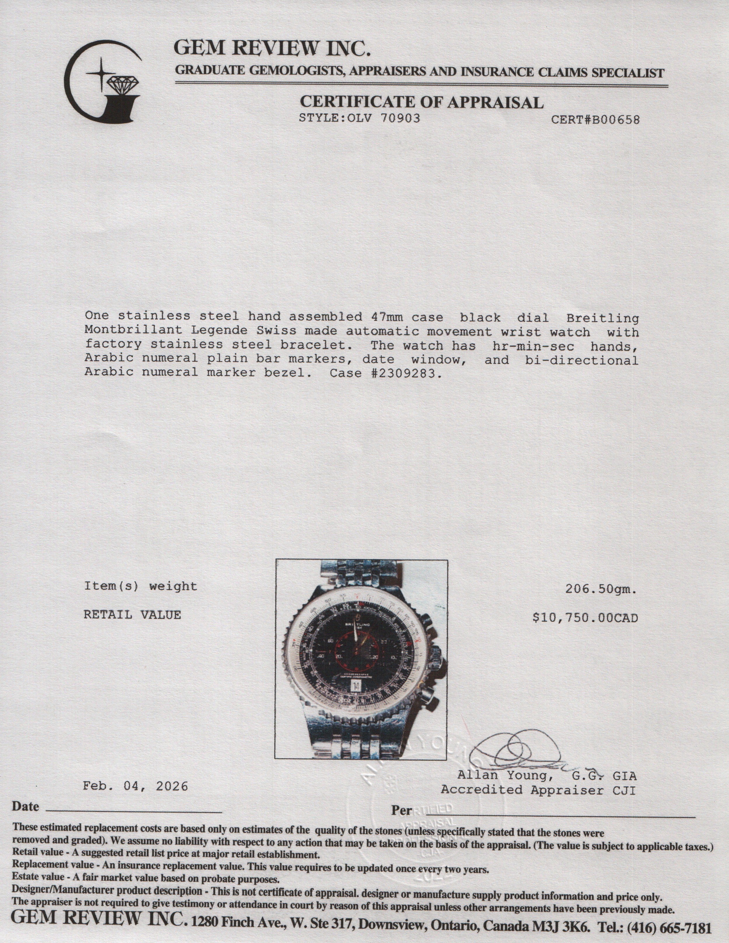 Breitling Stainless Steel Montbrillant Legende 47 MM Automatic Chronograph Watch Black Dial A23340 w/ Box