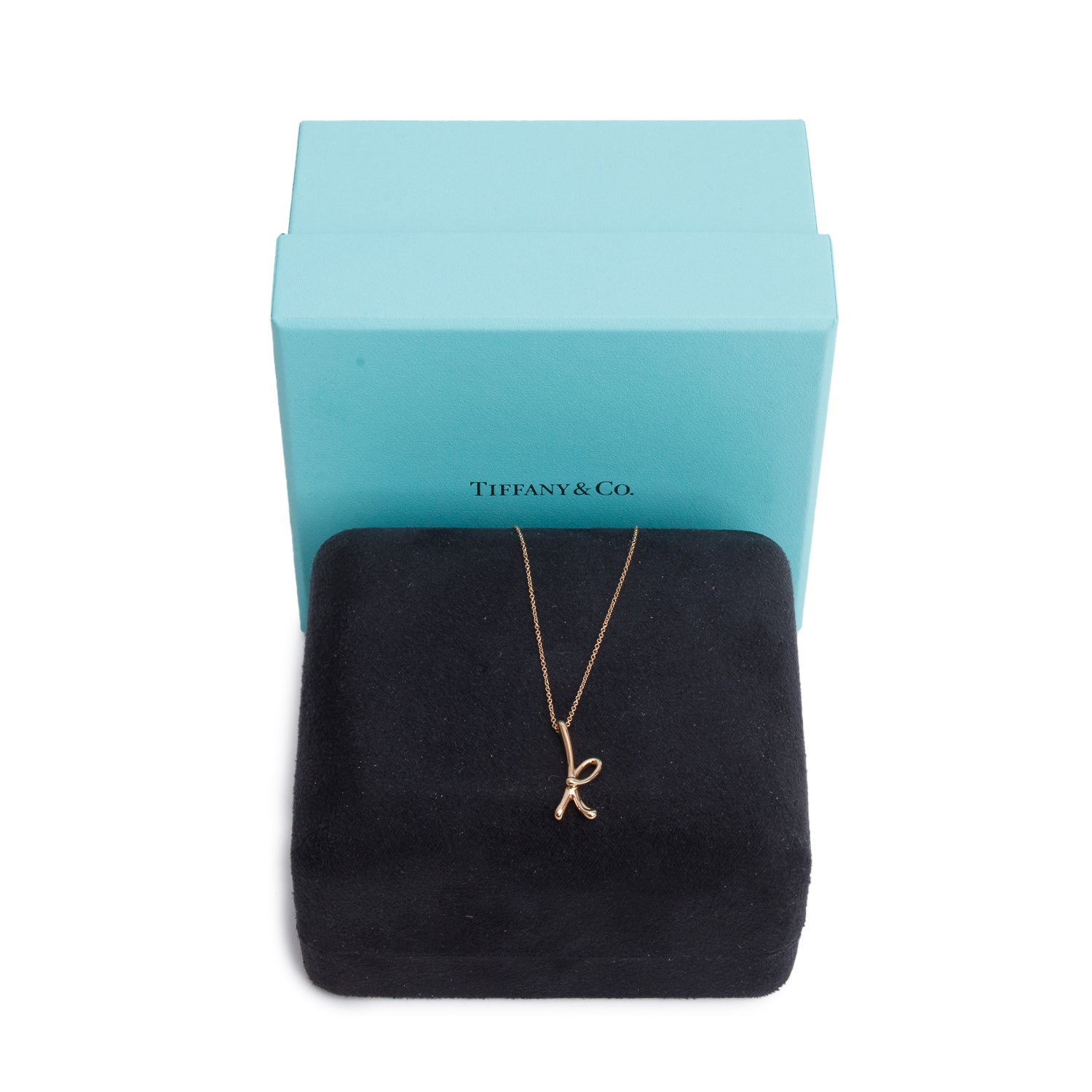Tiffany & Co. Elsa Peretti 18k Rose Gold Small Alphabet Letter "K" Pendant Necklace w/ Box