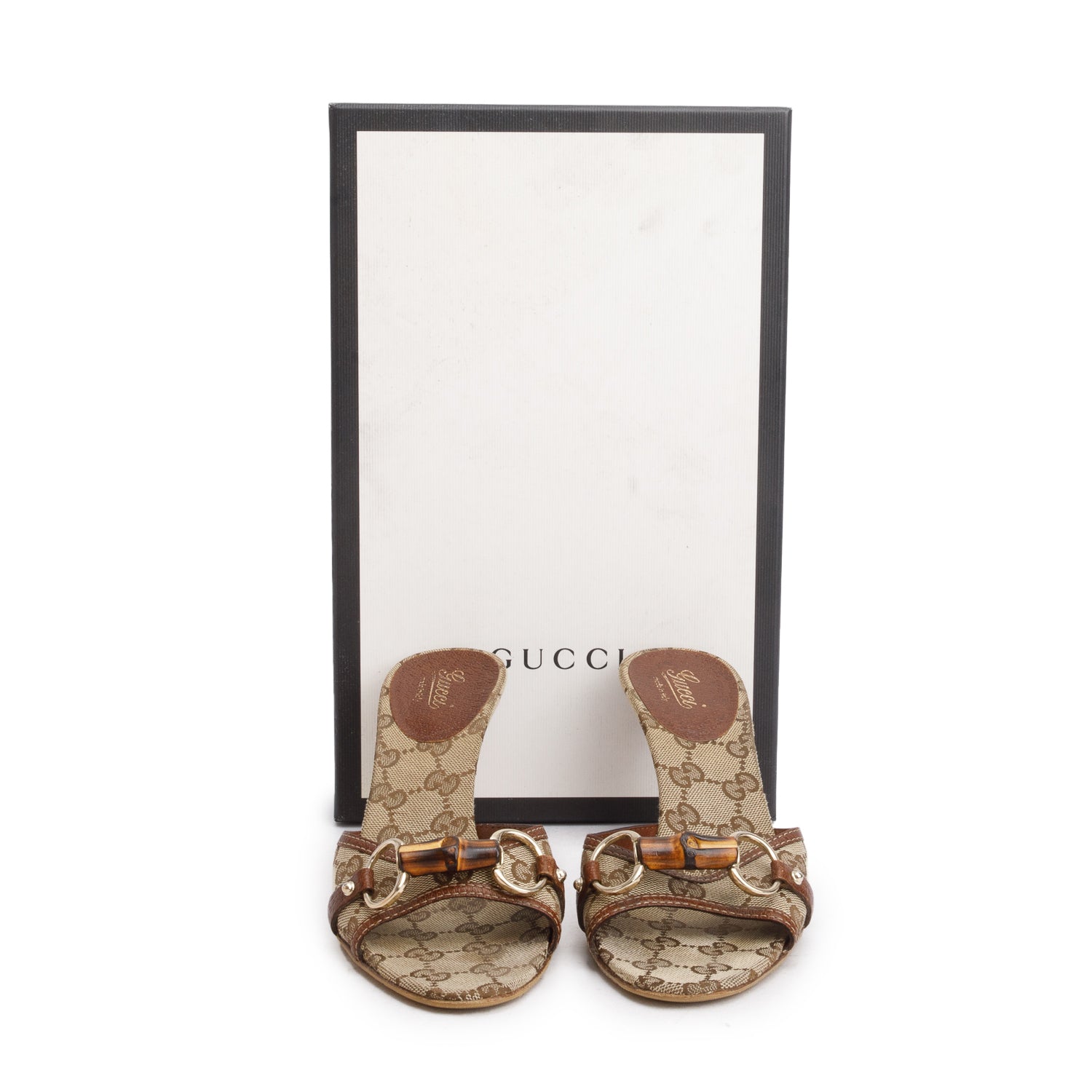 Gucci Beige & Ebony GG Canvas Horsebit Bamboo Slide Sandals, Size 8 w/ Box