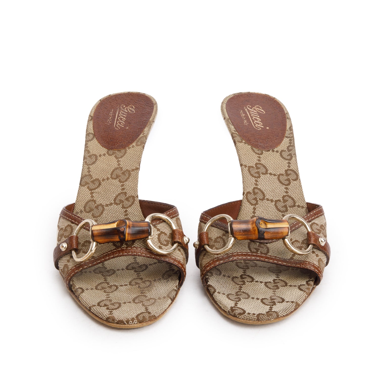 Gucci Beige & Ebony GG Canvas Horsebit Bamboo Slide Sandals, Size 8 w/ Box