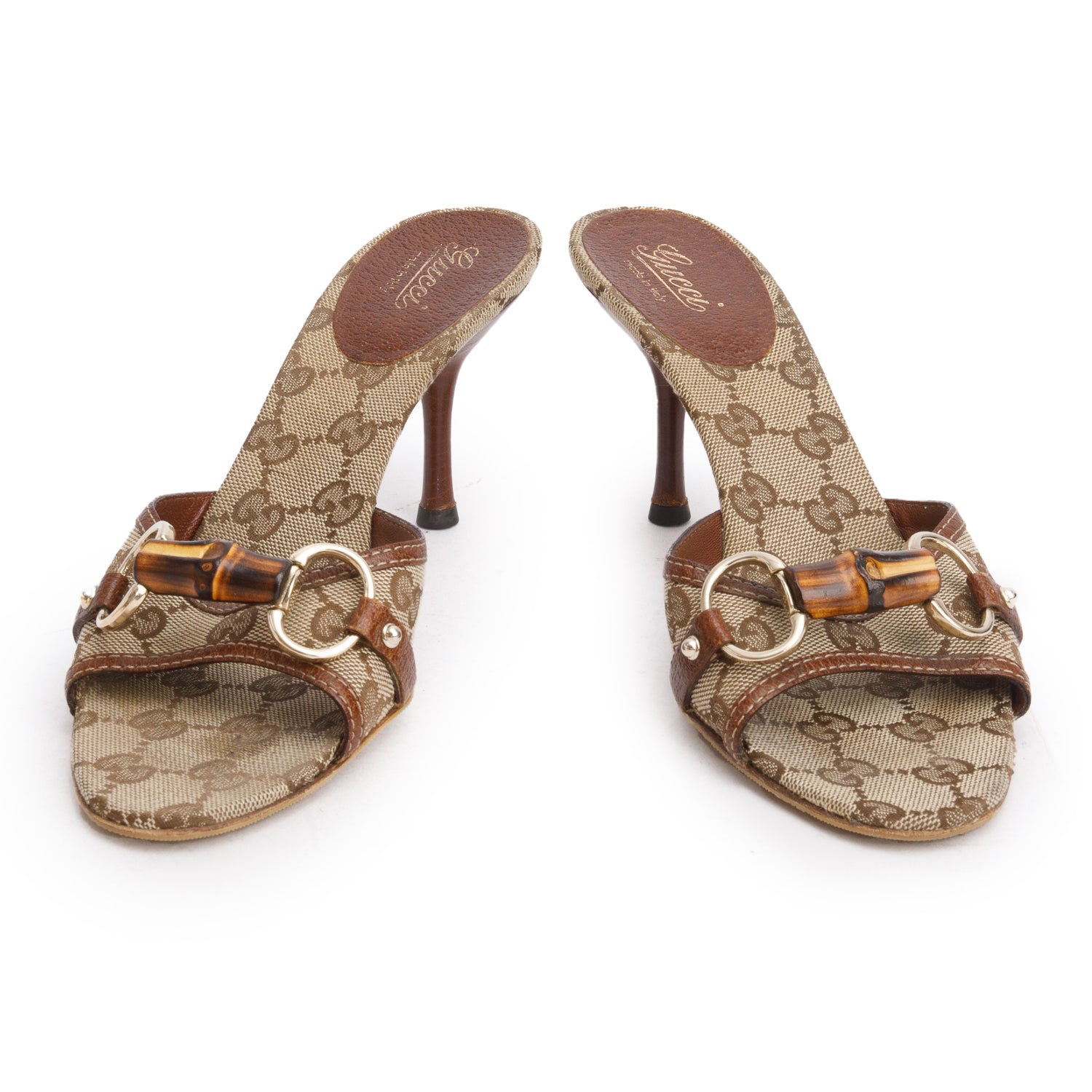 Gucci Beige & Ebony GG Canvas Horsebit Bamboo Slide Sandals, Size 8 w/ Box